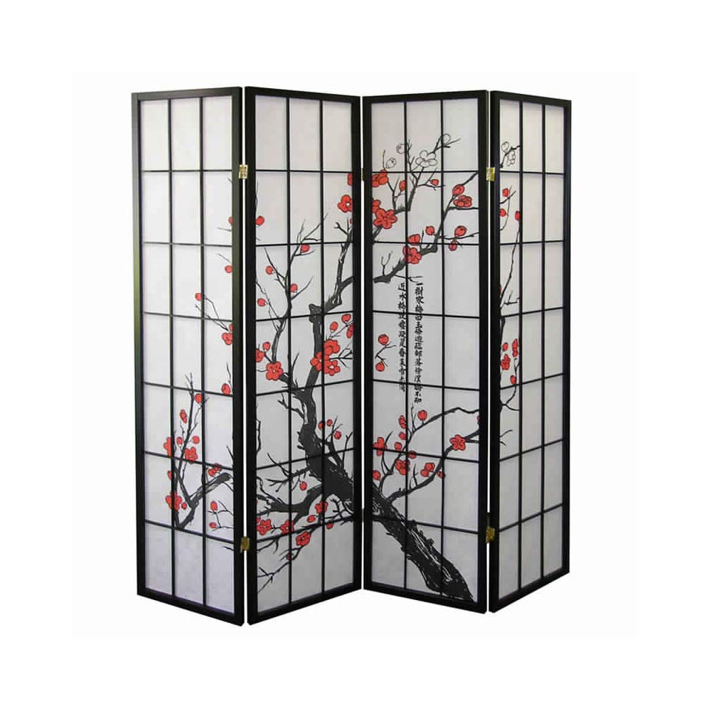 Benjara Plum Blossom Print Wood & Paper 4-Panel Room Divider - Red & Black Asian Style Folding Screen for Home Office, Living Room & Bedroom Privacy