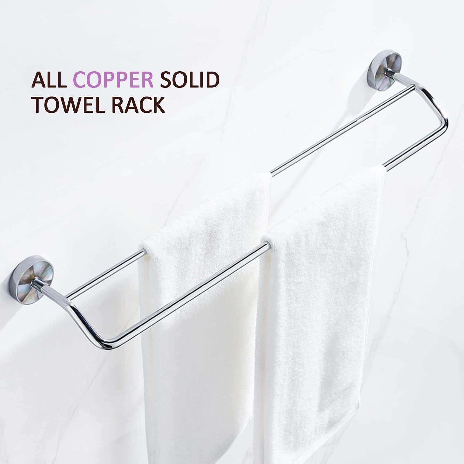 Polished Silver Double Wall Mounted Copper Towel Rail - 23.6 Inch (60cm) Bathroom & Kitchen Towel Bar with Deep Sea Shell Design - Perfect for Spa, Hotel, or Home Decor Accessories