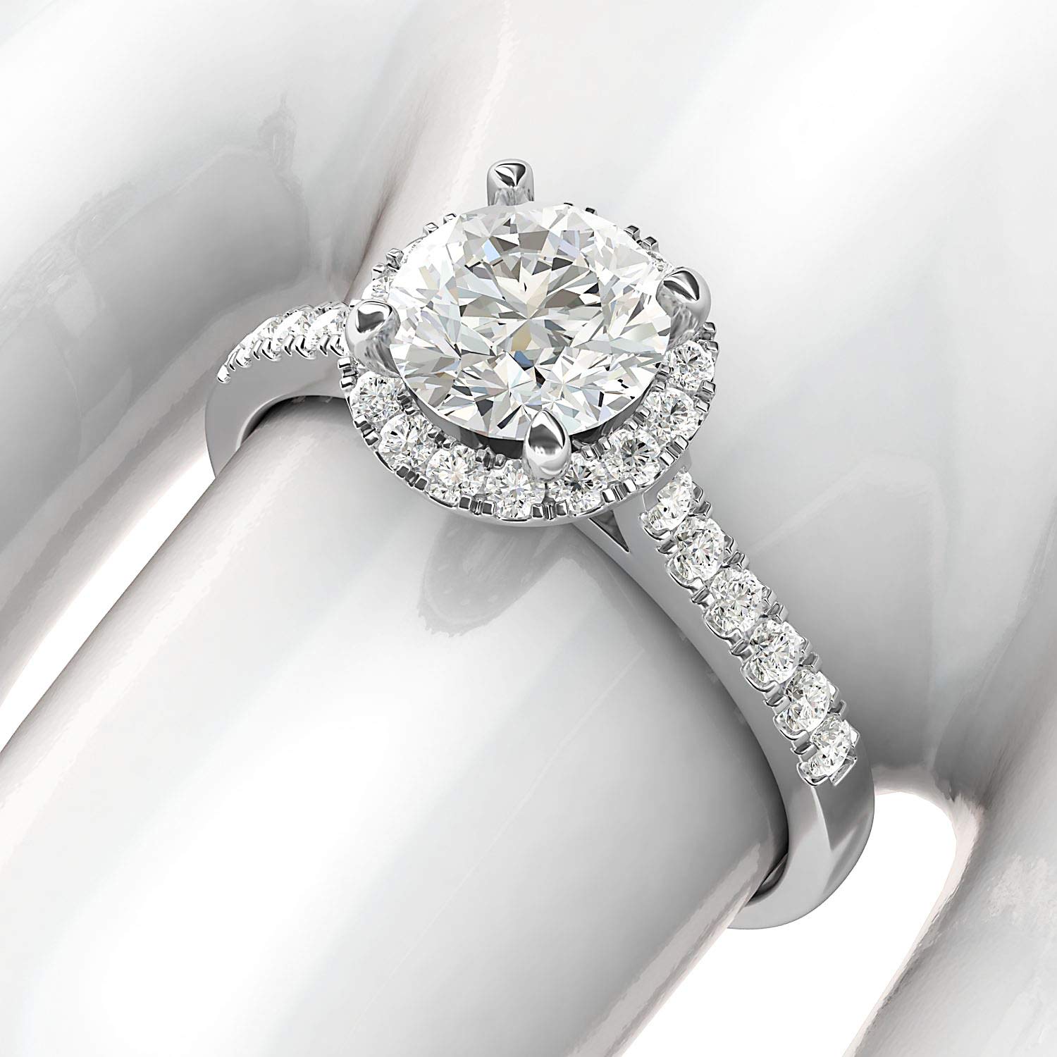 Sterling Silver Round Brilliant Cut Simulated Diamond or Moissanite Halo Engagement Ring with Side Stones - Perfect for Proposals, Anniversaries & Wedding Bands