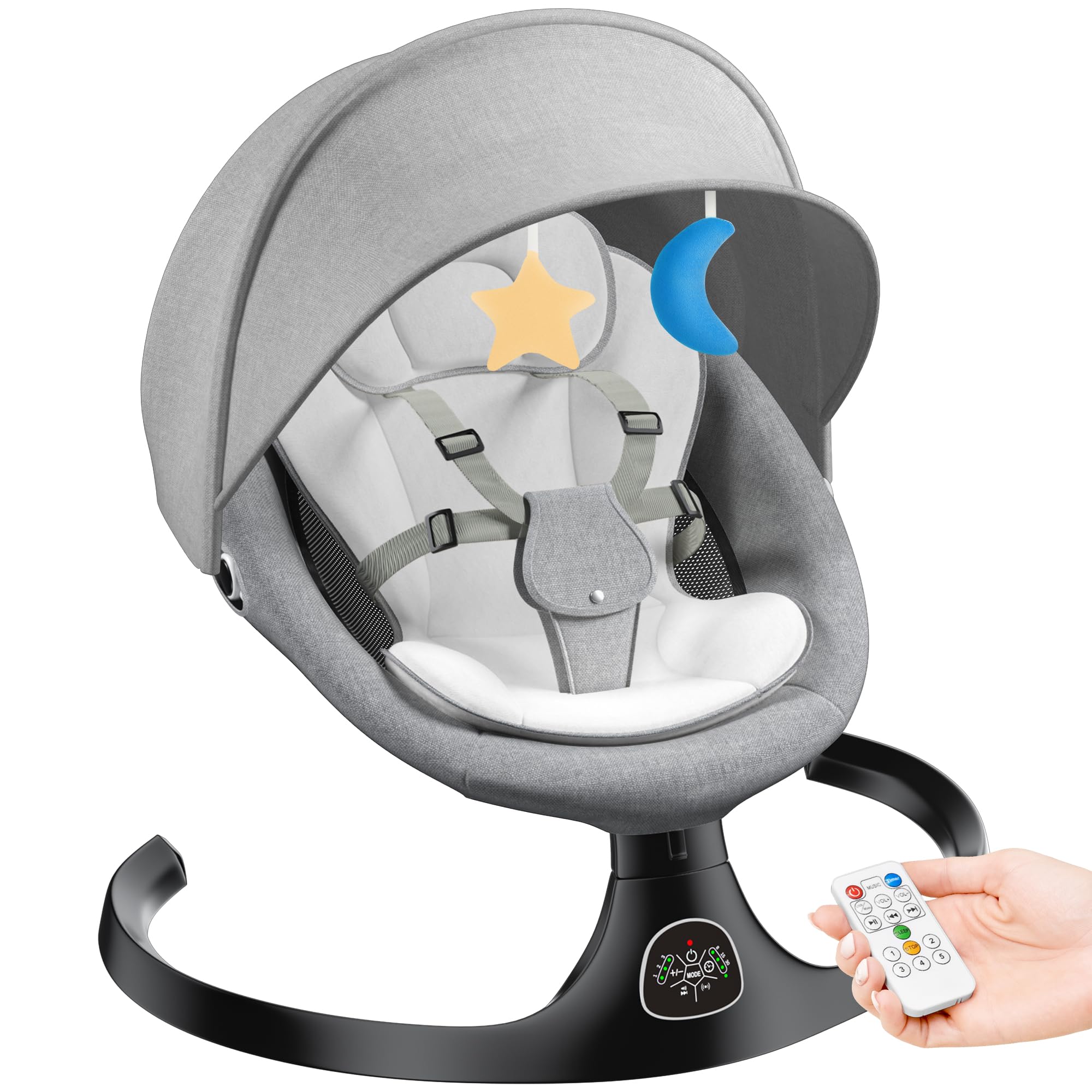 Electric Baby Swing for Infants - 5 Speed Adjustable Rocker with 10 Soothing Lullabies, Remote Control, AC Adapter & Battery Powered (Gray) - Perfect for Nursery, Living Room, Backyard & Travel Use