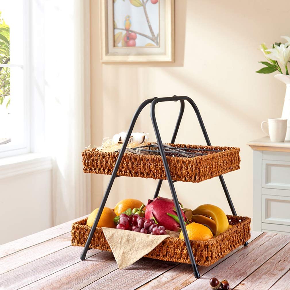 2-Tier Rattan Weaving Fruit Basket with Metal Rack - Multi-Purpose Storage Organizer for Fruits, Vegetables, Groceries, Picnics & Home Decor - Perfect for Kitchen, Dining Table, Pantry Organization & Outdoor Gatherings