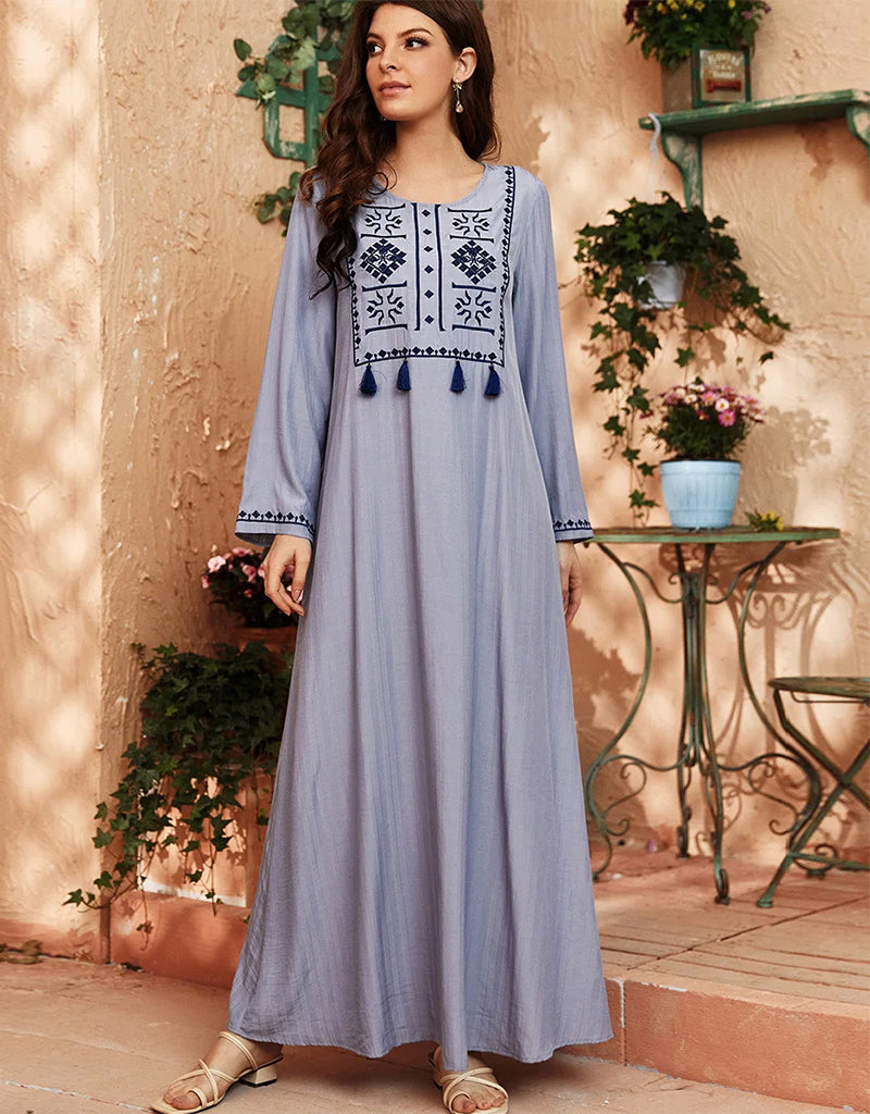 Blossom in Grey Embroidered Abaya Robe - Elegant Muslim Dress for Women - Perfect for Daily Wear, Prayer & Special Occasions