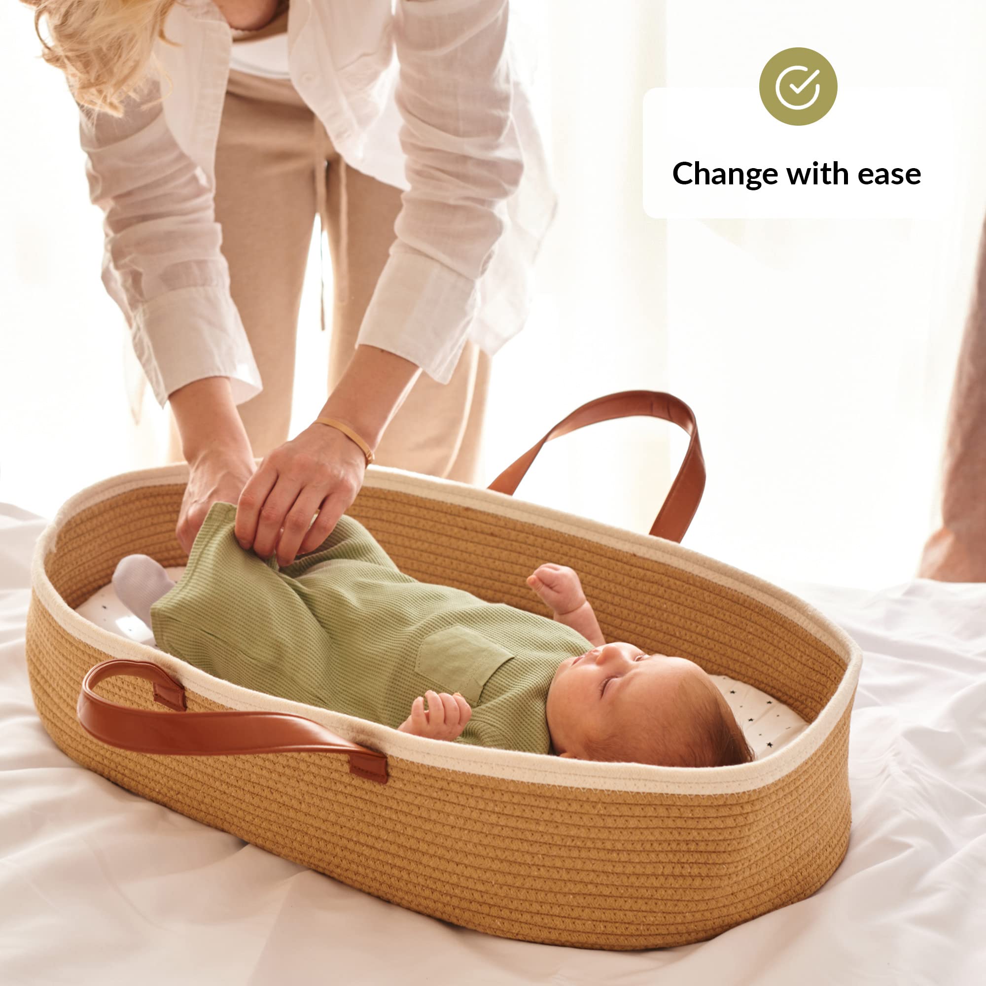 Organic Cotton Moses Baby Basket with Soft Muslin Blanket - Portable Infant Changing Basket for Nursery & Travel - Breathable Woven Bassinet with Removable Pad - Perfect for Newborn Sleep, Diaper Changes & On-the-Go Parenting
