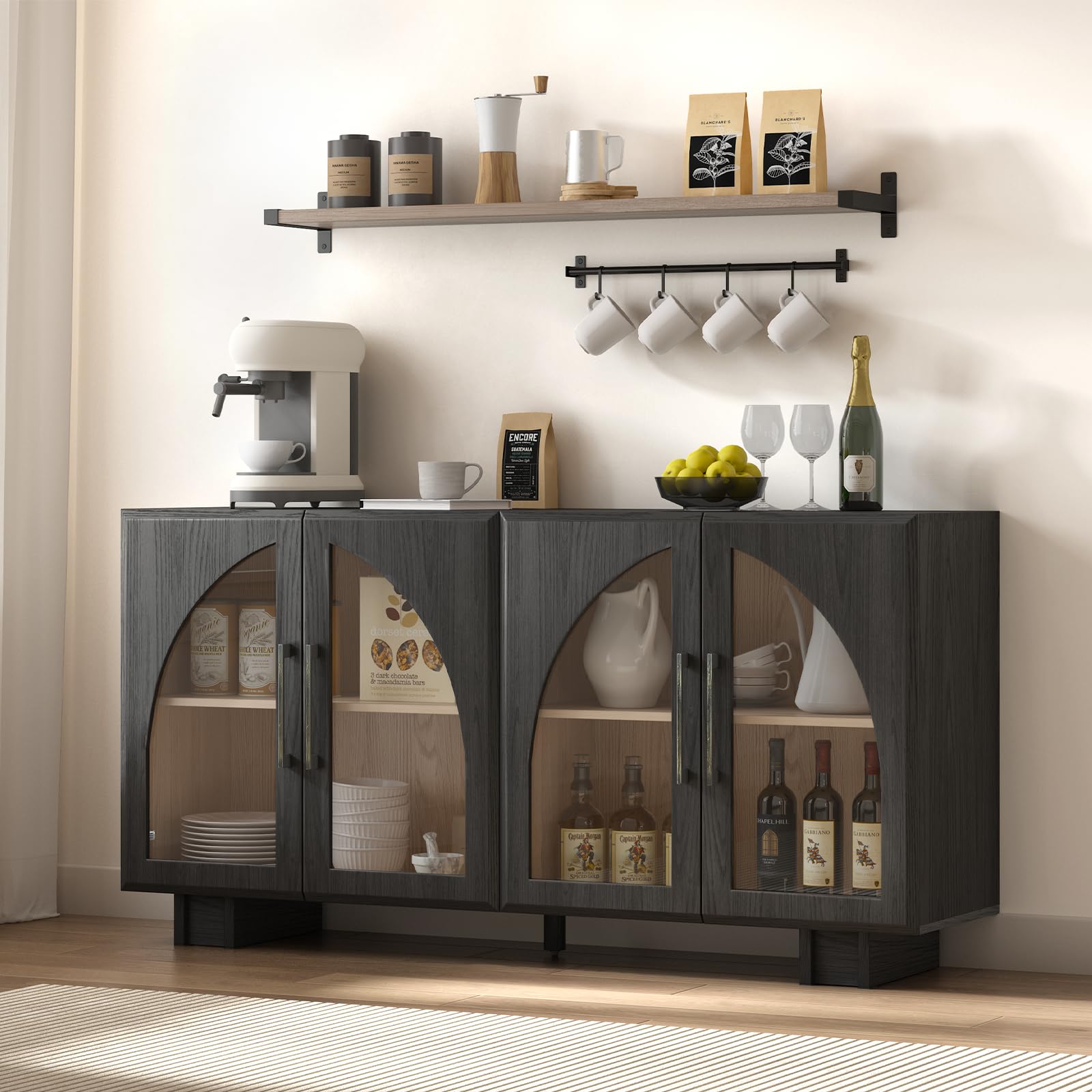 Modern Accent Cabinet with Glass Doors & Adjustable Shelves - Sideboard Buffet Storage Cabinet for Living Room, Entryway, Dining Room - Black Arched Credenza for Home Decor & Organization