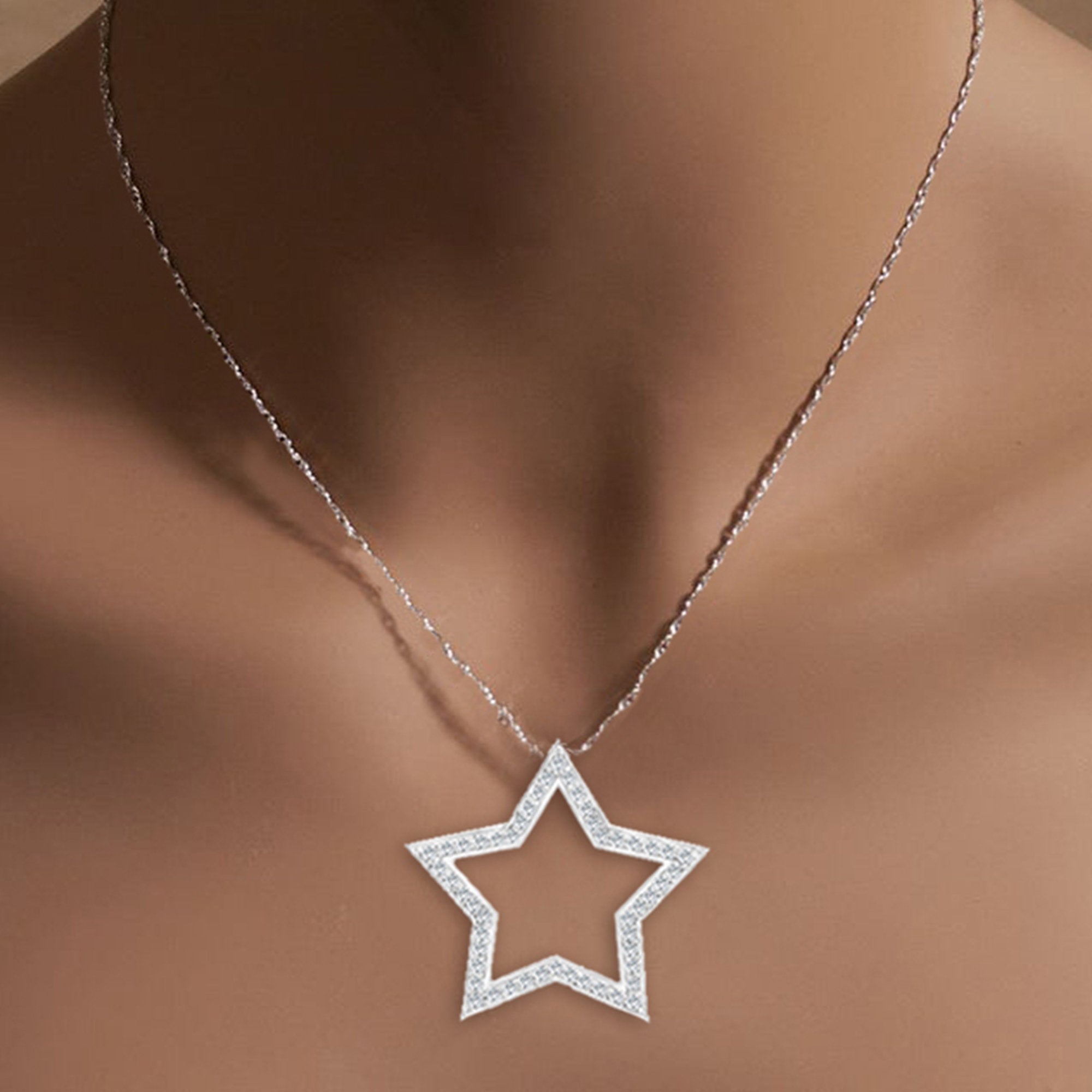 14K White Gold Diamond Star Pendant Necklace - 0.60cttw Stencil Cutout Design - Perfect for Birthdays, Anniversaries & Special Occasions