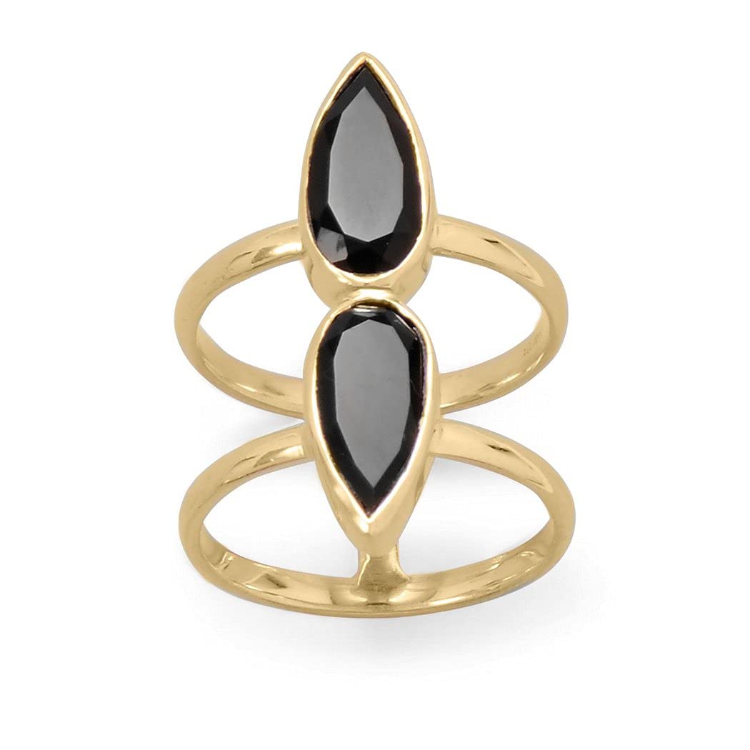 14K Gold Plated 925 Sterling Silver Double Pear Onyx Ring for Women - 6mm x 12mm Black Onyx Stones, Size 6-10 | Elegant Jewelry Gift for Birthday, Anniversary & Special Occasions