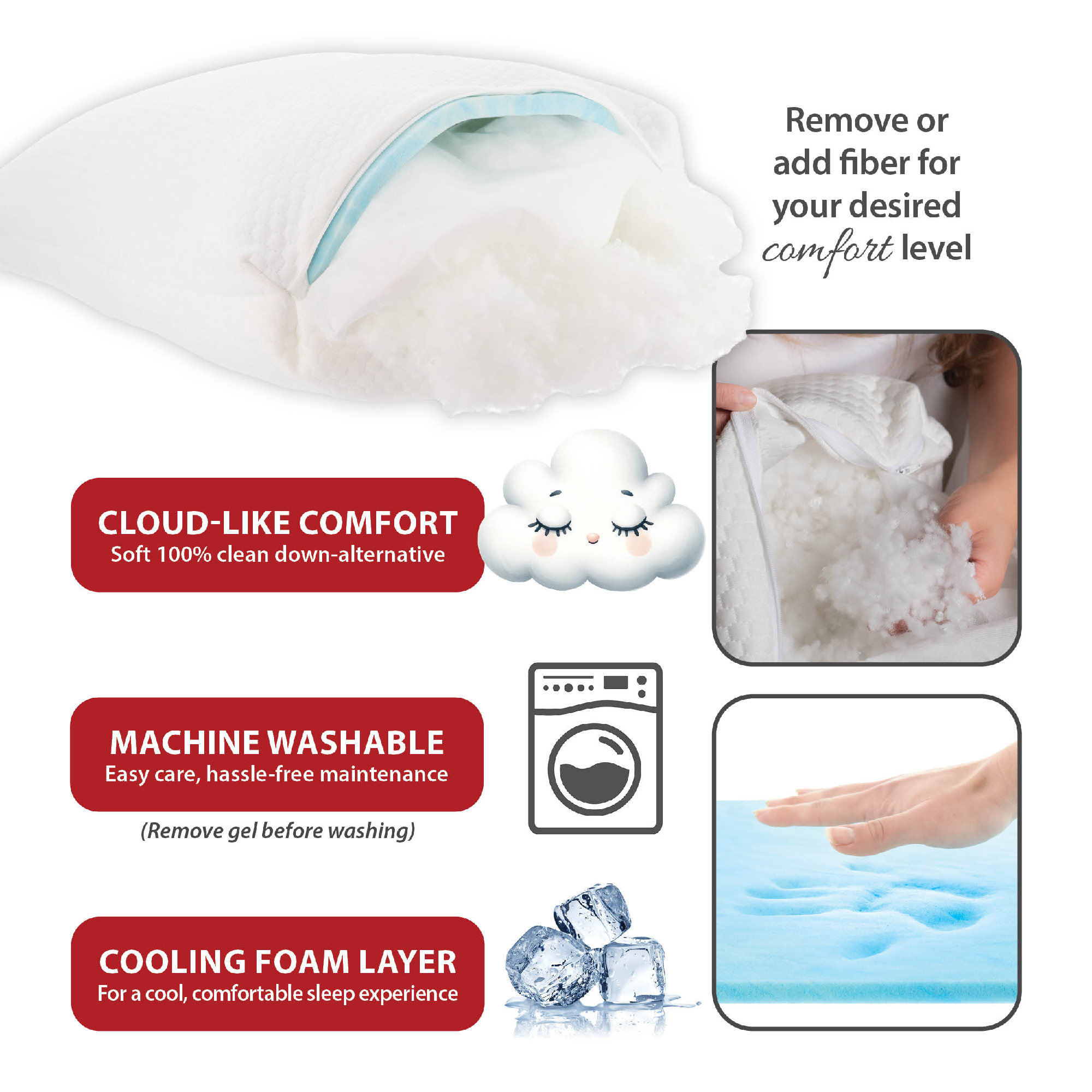 Adjust A Loft Fiber Adjustable Comfort Pillow - Standard/Full Size for Side, Back & Stomach Sleepers - Hypoallergenic & Breathable Bed Pillow for Neck Support & Pain Relief