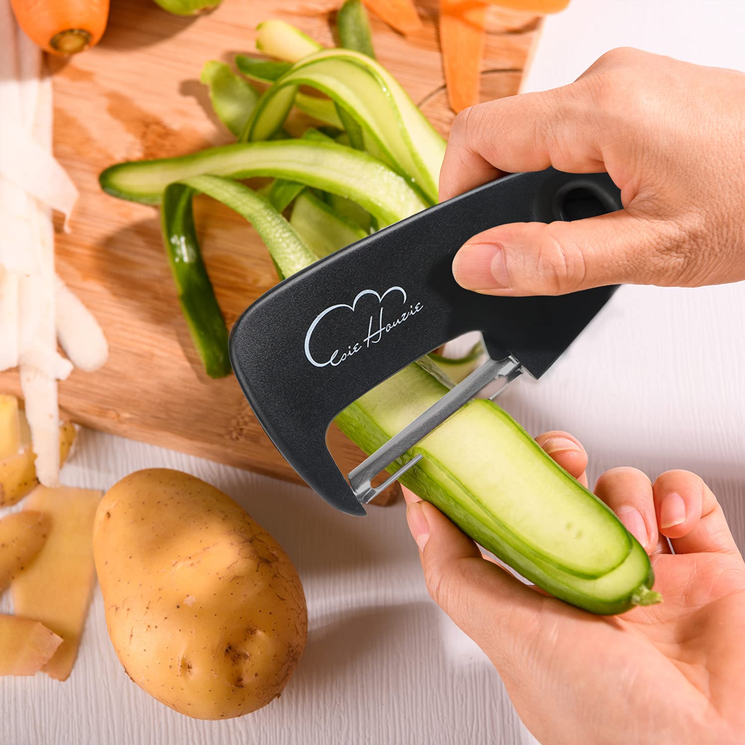 5-Piece Kitchen Gadgets Set - Space Saving Cooking Tools with Fruit & Vegetable Peeler, Cheese/Chocolate Grater, Bottle Opener, Pizza Cutter, Garlic Ginger Grinder - Perfect for Small Kitchens & Housewarming Gifts (Black)