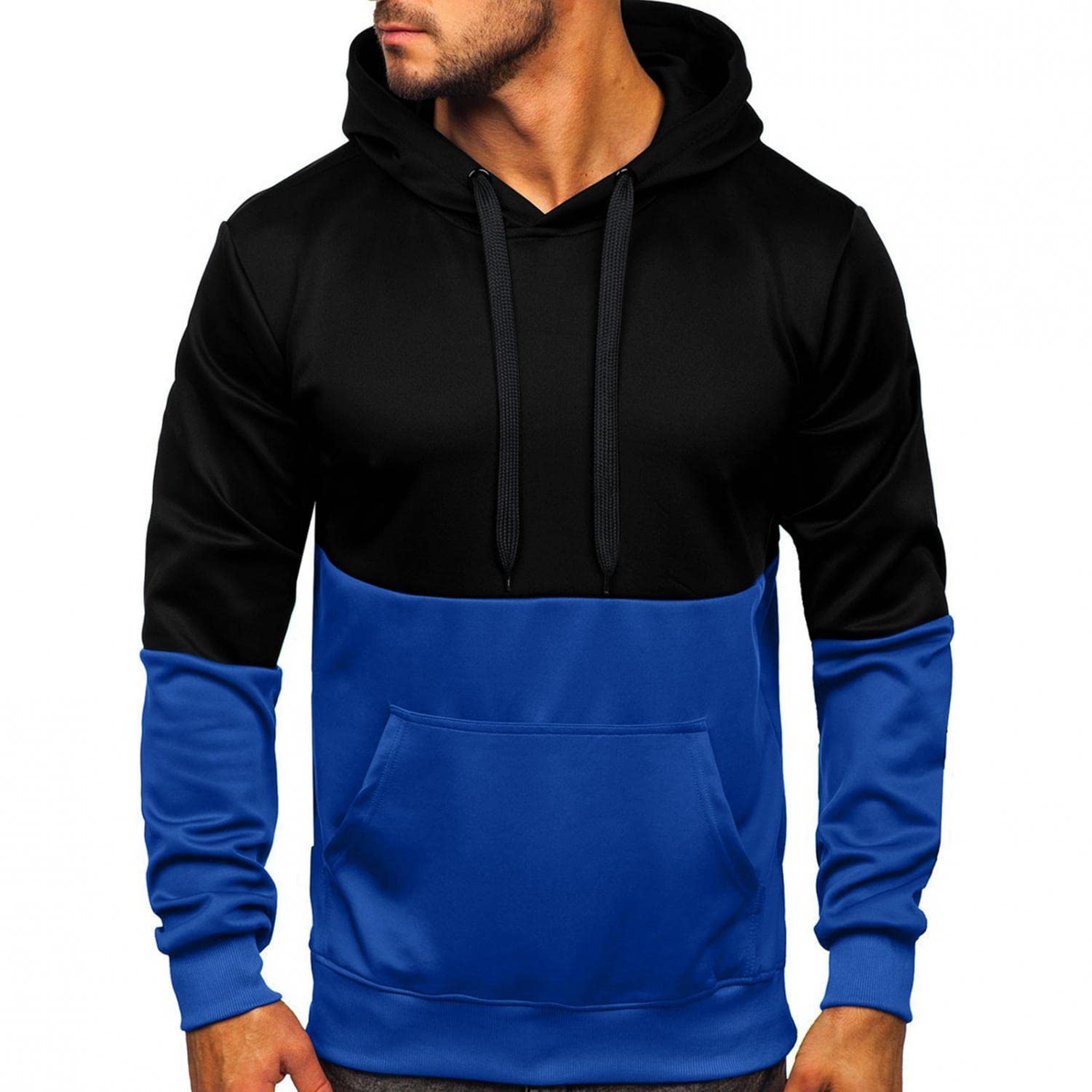 Men's Color Block Hooded Sweatshirt - Long Sleeve Pullover Hoodie with Drawstring for Athletic Wear | Casual Streetwear & Gym Workout Apparel