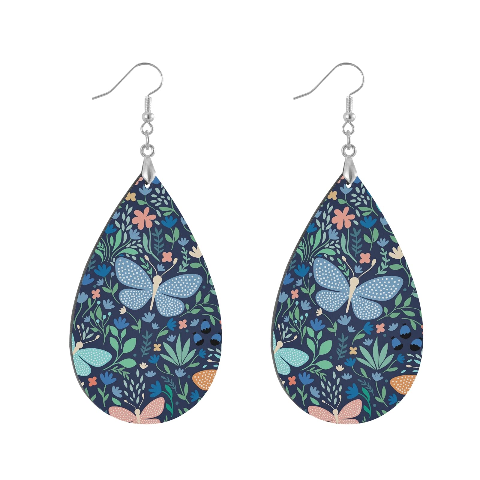 Stylish Lightweight Wooden Butterfly & Leaf Dangle Earrings for Women - Handcrafted Teardrop & Round Cork Print Design (1 Pair) - Perfect for Casual Wear, Boho Outfits & Special Occasions
