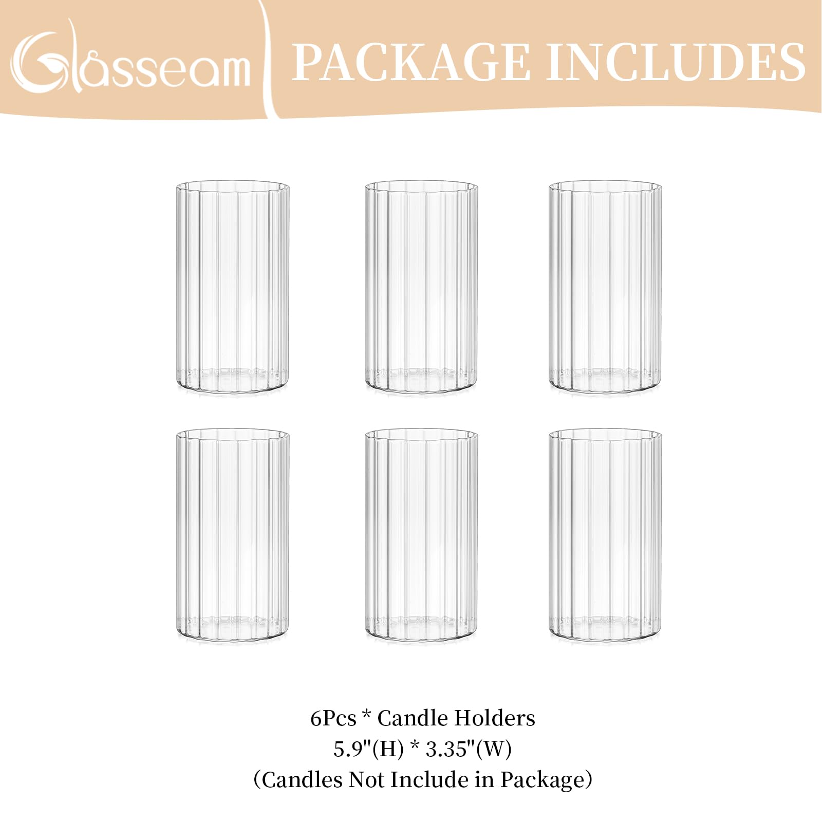 Glasseam Hurricane Glass Candle Holders - Set of 6 Clear Cylinder Candle Holders for Pillar Candles, Modern Ribbed Design, Decorative Vases for Wedding Centerpieces & Table Decor (5.91