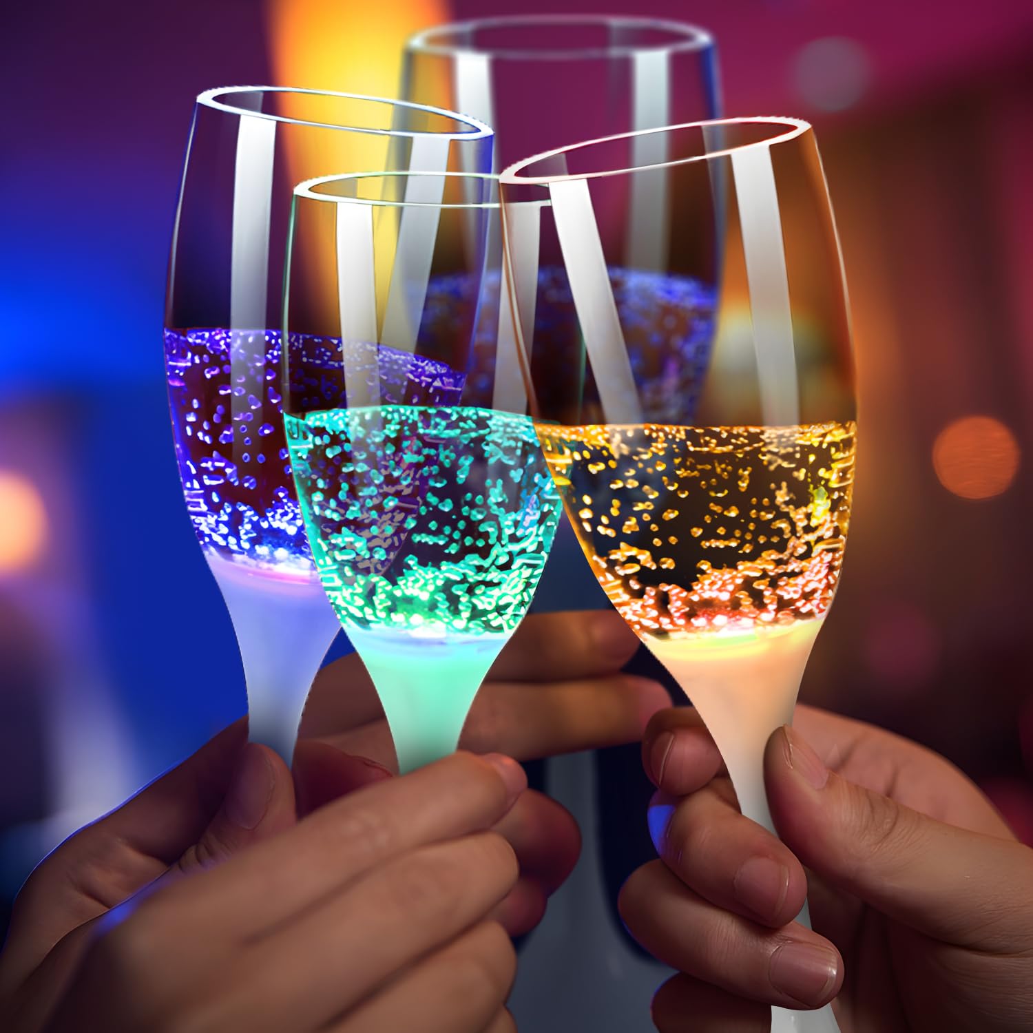 Glow in the Dark LED Light Up Plastic Champagne Flutes - Set of 6 Colorful Party Drinking Glasses for Adults | Perfect for Birthday Celebrations, Christmas Parties, Halloween Events & Wedding Receptions | Reusable Glowing Cups for Cocktails, Wine & Sparkling Beverages