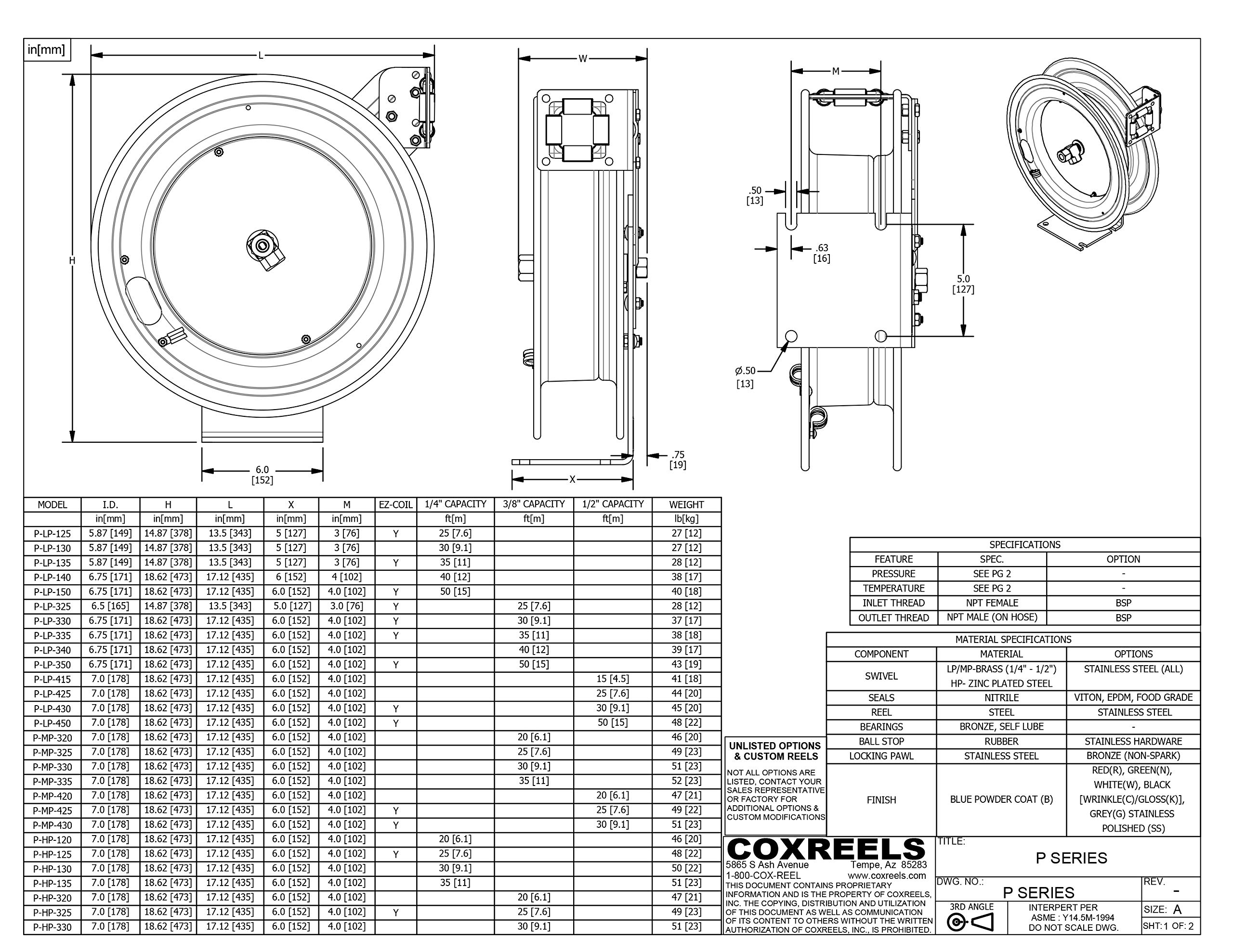COXREELS P-LP-325-HV Retractable Low Pressure Spring Rewind Hose Reel - 3/8