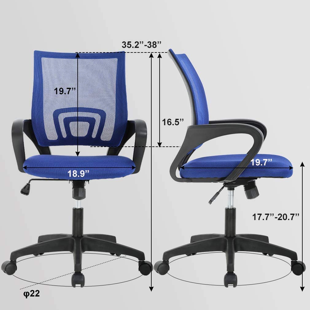 Ergonomic Office Chair with Lumbar Support - Mesh Computer Desk Chair, Mid Back Swivel Task Chair with Adjustable Armrests for Home & Office Use - Comfortable Blue Work Chair for Long Hours Sitting