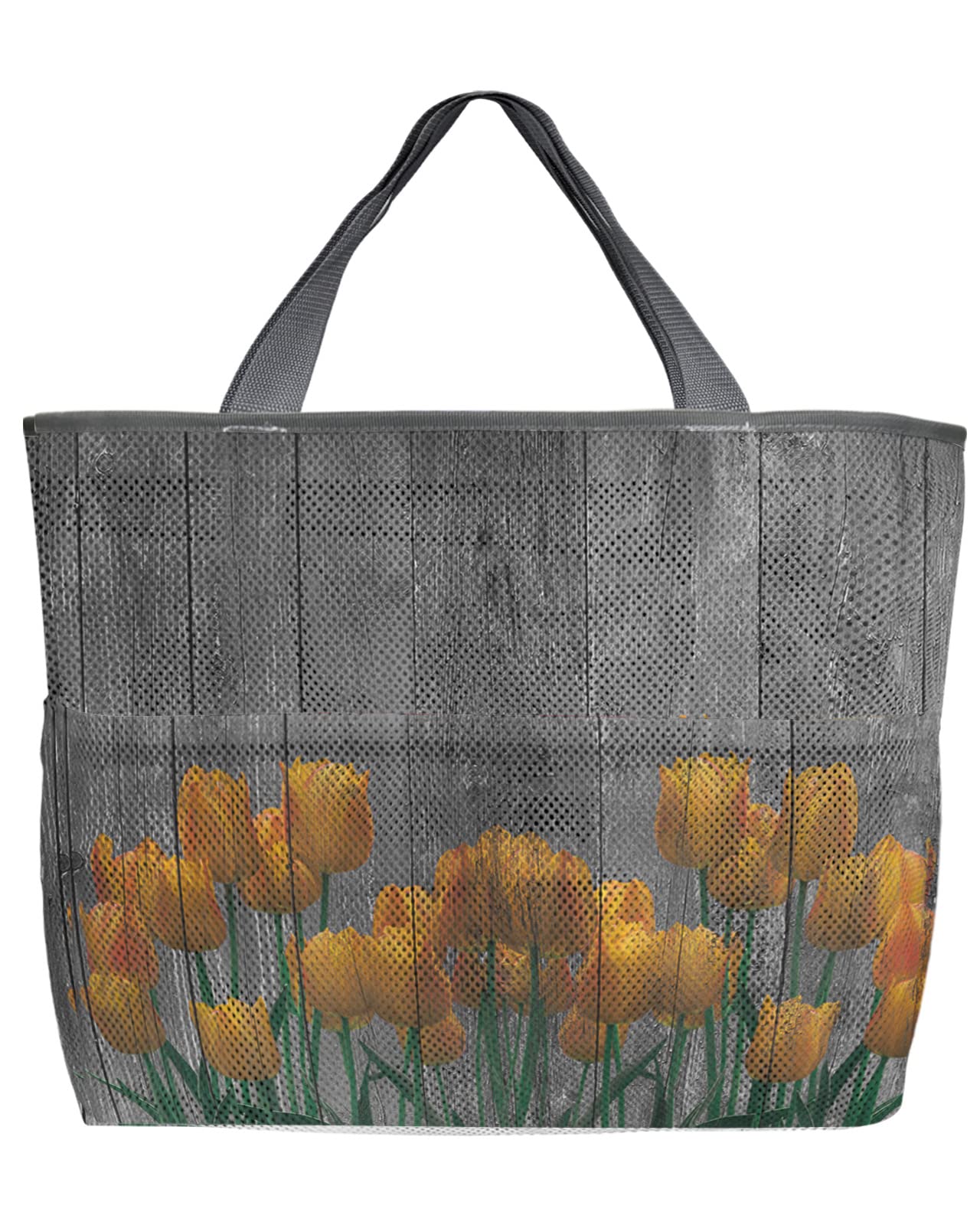 Yellow Tulips Mesh Beach Tote Bag - 60L Oversized Quick-Dry Swim Bag with Pockets | Foldable Lightweight Wood Grain Design for Beach, Pool, Grocery Shopping & Travel | 24