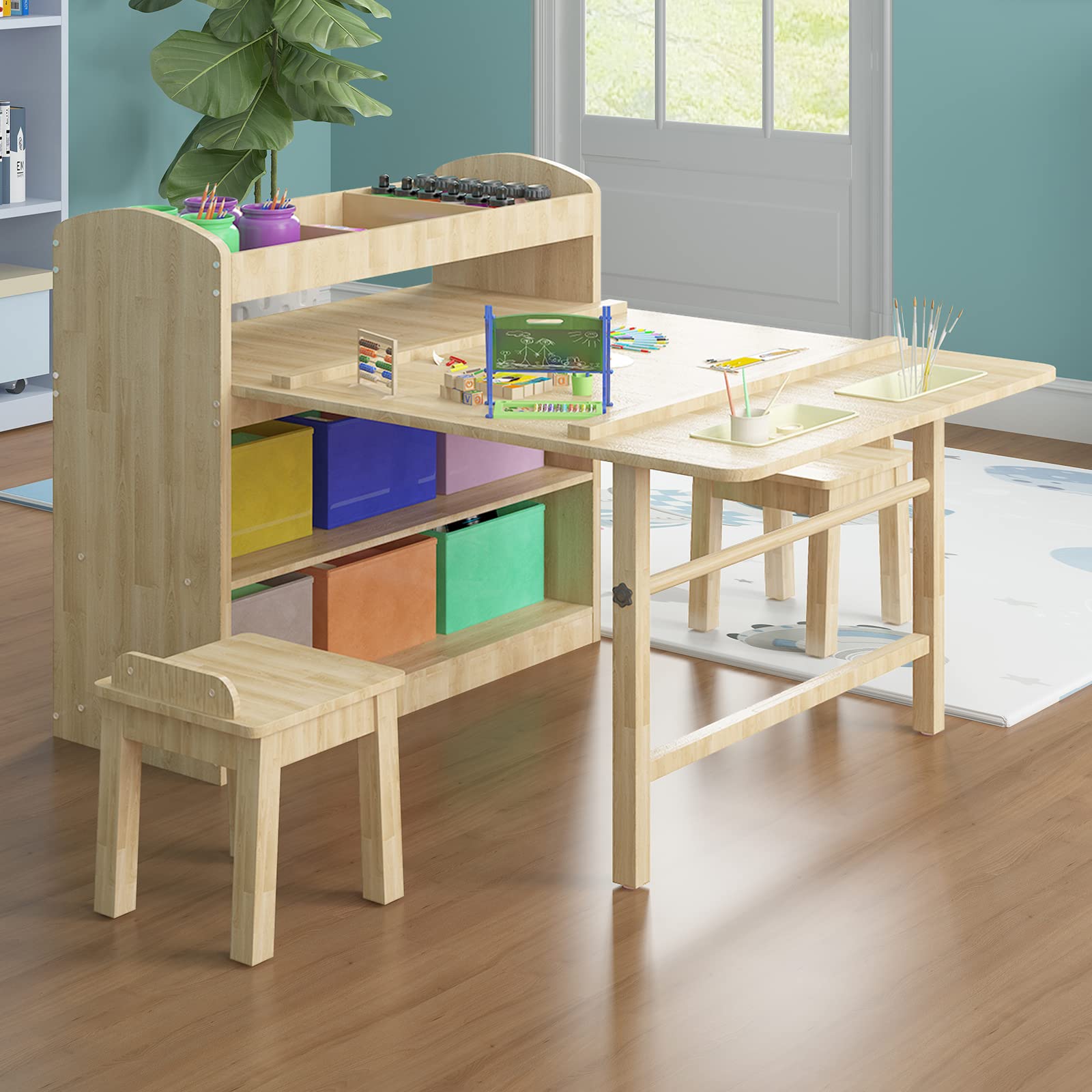 Mjkone Kids Art Table and 2 Chair Set - Wooden Toddler Table with Storage, Canvas Bins & Paper Roll | CPC Certified Learning Furniture for Preschoolers (Burlywood) | Perfect for Home, Classroom & Daycare Creative Activities