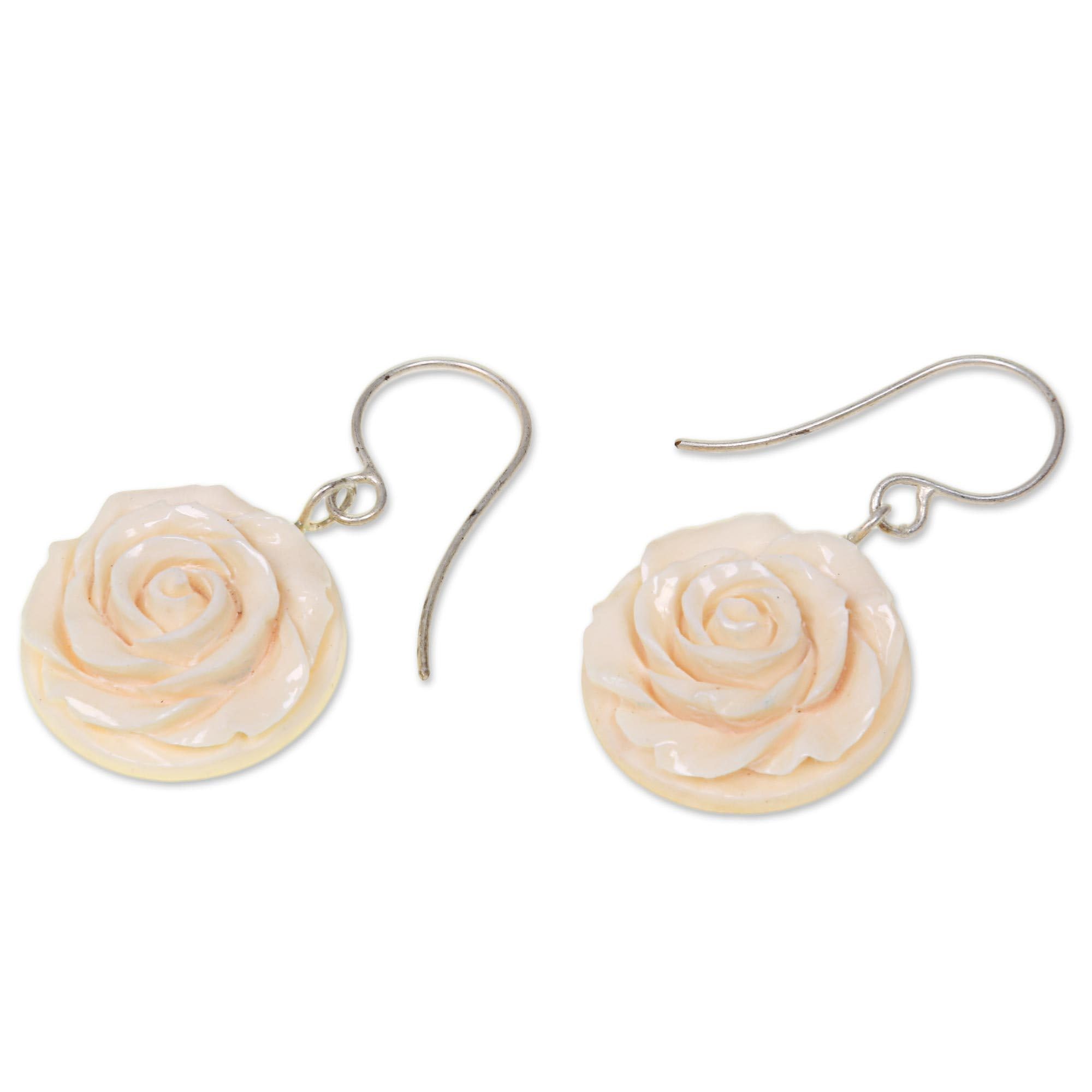 Handmade White Rose Bone Dangle Earrings - Stainless Steel Floral Carving, Indonesian Artisan Jewelry (1.5