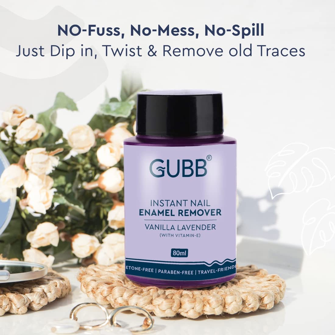 GUBB Acetone-Free Nail Polish Remover with Vitamin E | Lavender Scented Dip & Twist Formula | Gentle on Natural Nails (80ml) | Perfect for At-Home Manicures & Nail Care Routines