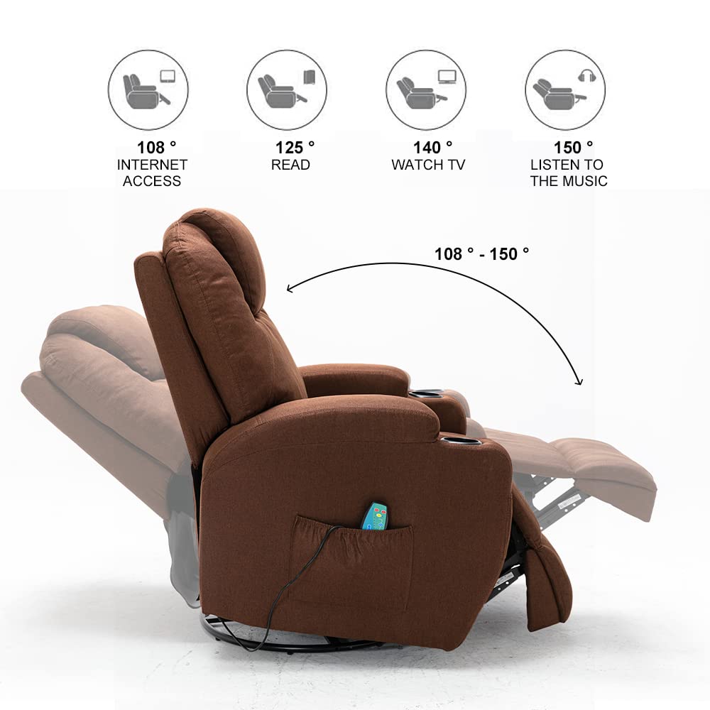 Yoglad Multi-Function Recliner Chair with Seat Heating & 8-Position Massage - Power Lift Recliner with Remote, Cup Holders, Rocking & Swivel Function - Comfortable Theater Recliner for Living Room, Home Theater, Reading Nook (Brown Textile Fabric, 36