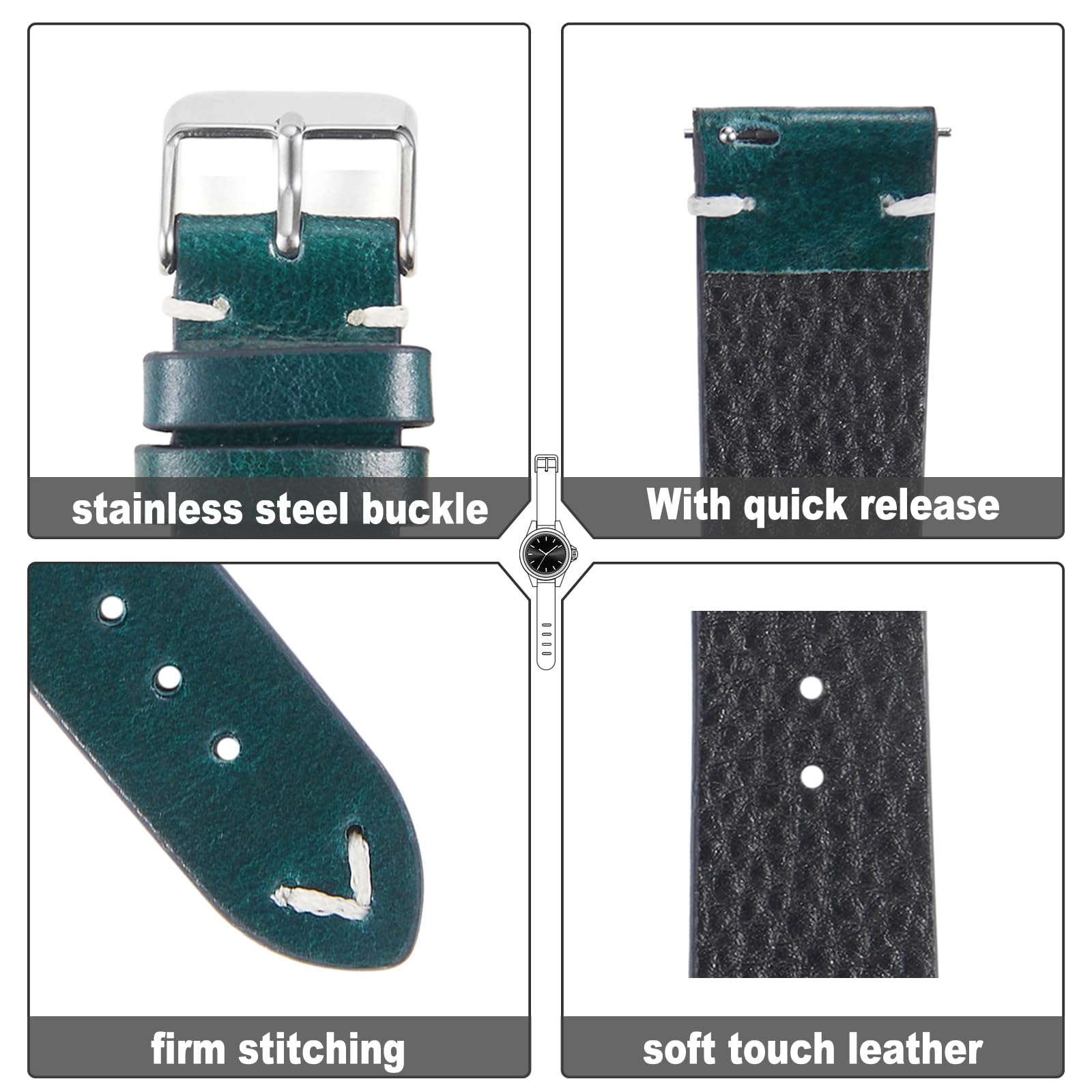 WOUKUP Vintage Leather Watch Band - Quick Release Replacement Strap for Men & Women (18mm 19mm 20mm 22mm) - Perfect for Casual, Dress & Everyday Watches
