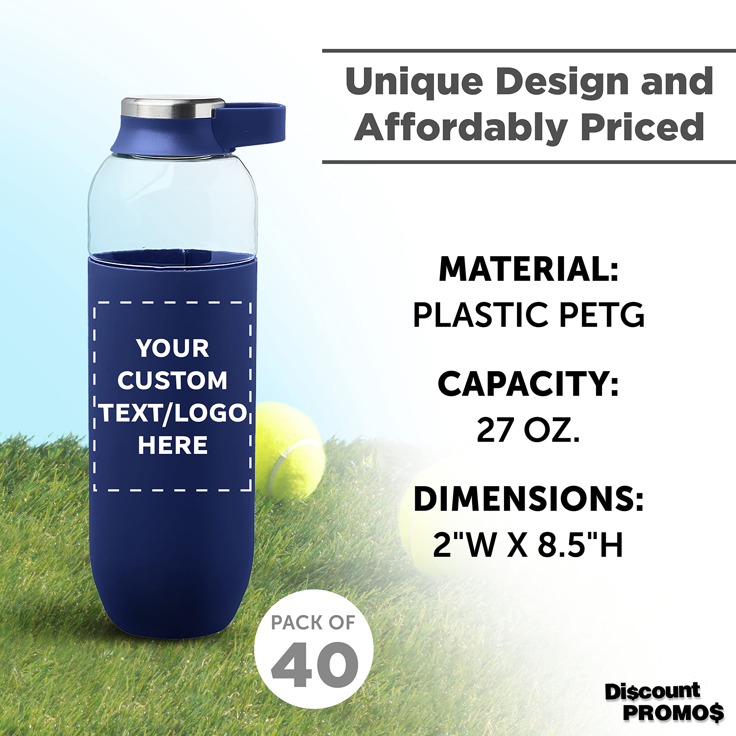 Custom 27oz Plastic Water Bottles with Handle - Bulk Pack of 40 Reusable Sports Bottles for Gym, Hiking & Cycling - Personalized Navy Blue Water Bottles for Schools, Events & Team Promotions