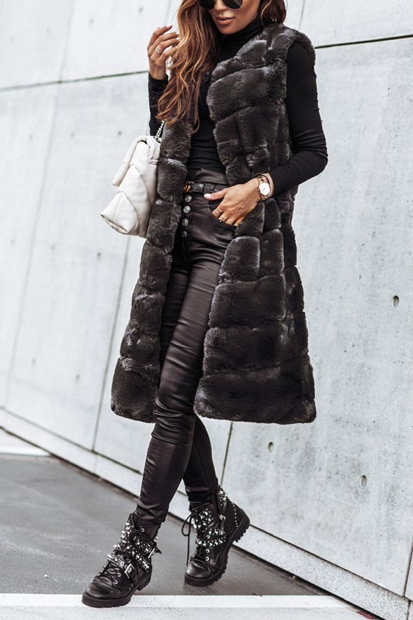 Solid Color Fur Round Neck Sleeveless Midi Vest Jacket for Women - Cozy Winter Fashion Outerwear for Casual Outings & Office Wear