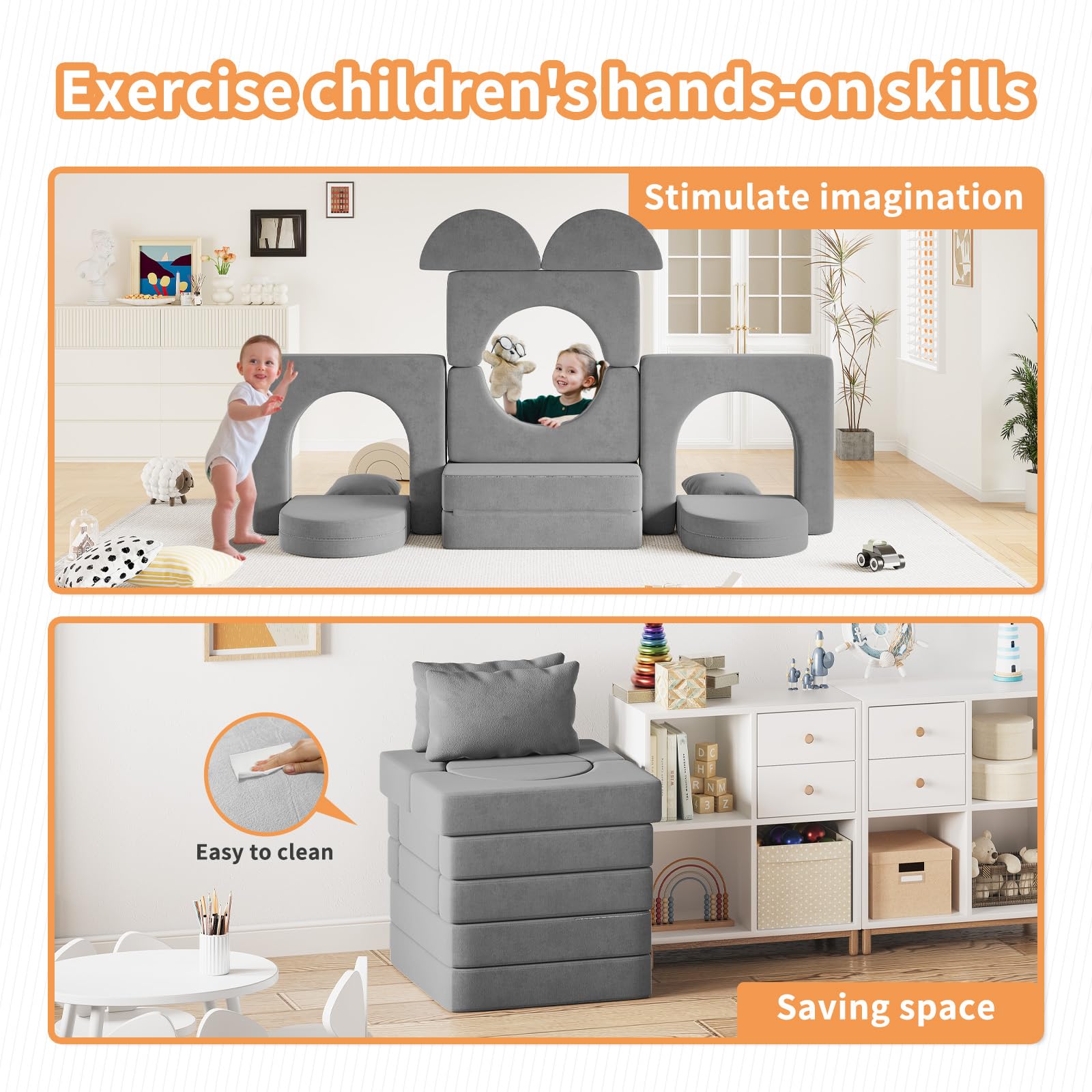 Linor Toddler Couch - 12-Piece Kids Sofa Set with 2 Pillows & Play Tunnel | Foldable Foam Couch for Playroom, Bedroom & Nursery | Creative Play Furniture for Toddlers & Babies (Grey) - Perfect for Pretend Play, Reading Nook & Cozy Relaxation