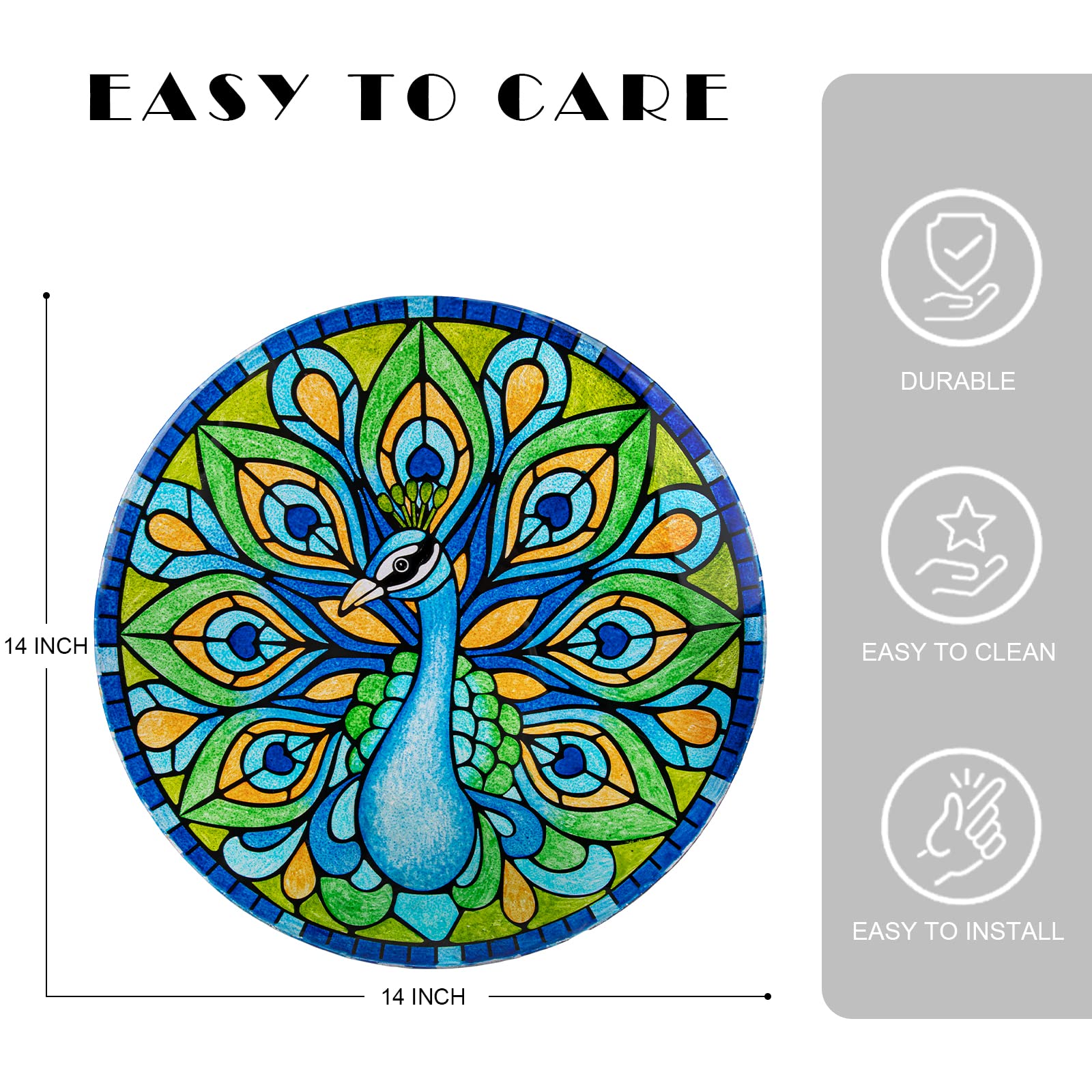 VCUTEKA Round Glass Side Table - Outdoor Patio Coffee Table, Indoor Accent End Table for Living Room, Balcony, Porch & Bistro - Perfect for Plants, Drinks & Decor (Peacock Design)