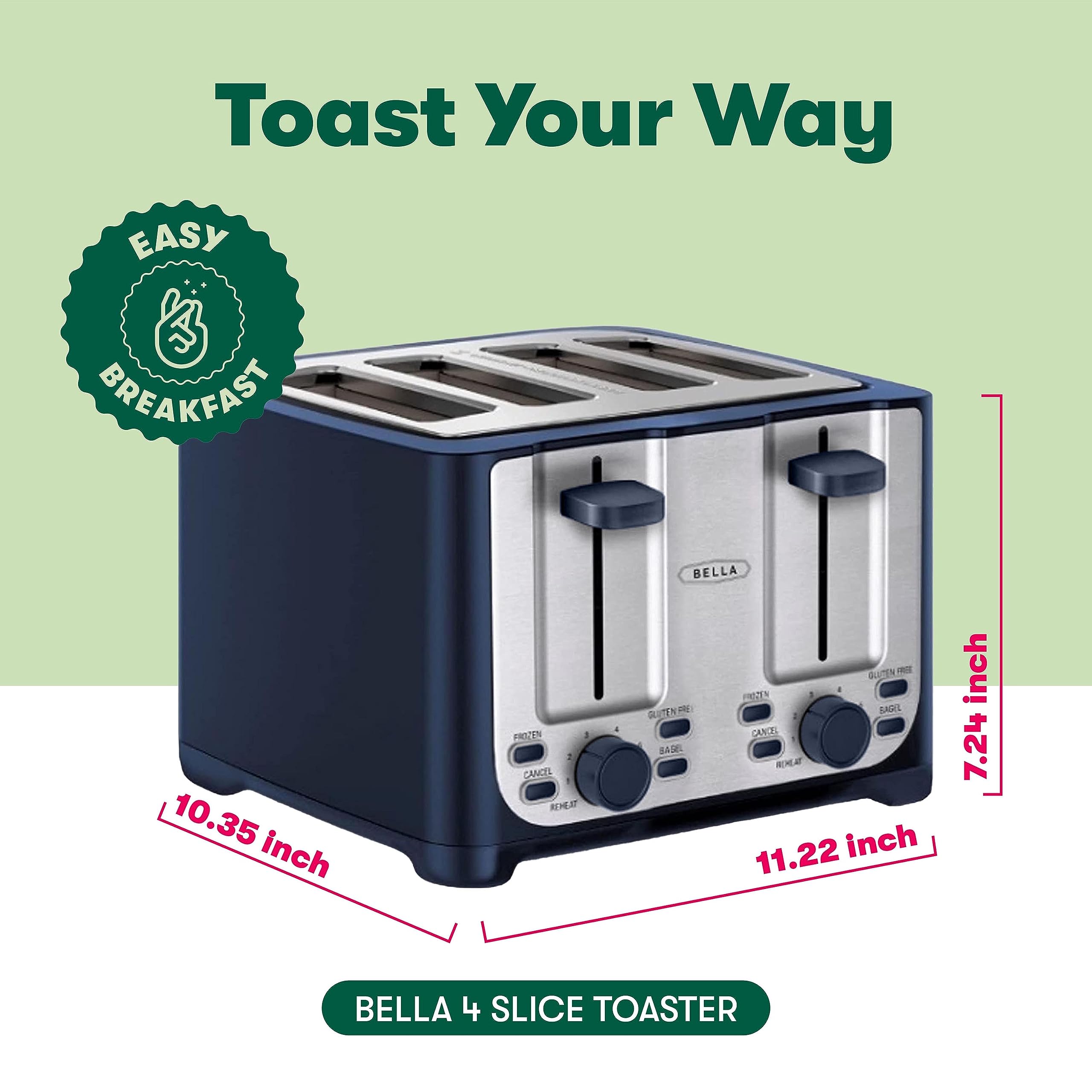 BELLA 4 Slice Toaster with Auto Shut Off - Extra Wide Slots for Bagels & Thick Bread, Removable Crumb Tray, Cancel/Defrost/Reheat Functions - Perfect for Breakfast, Kitchen & Office Use (Blue)