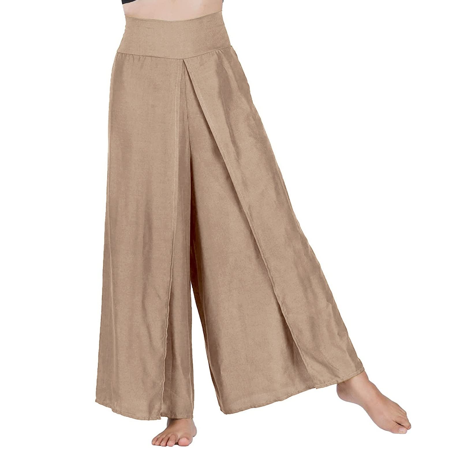 Women's High Waisted Wide Leg Pants with Side Slits - Solid Color Loose Casual Palazzo Pants for Work, Office & Everyday Wear