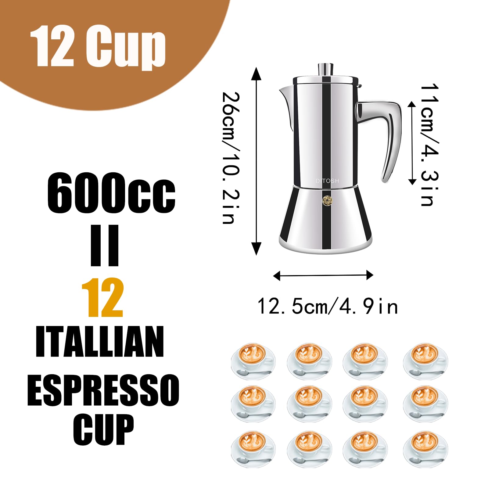 Premium 304 Stainless Steel Moka Pot - 12 Cup (600ml) Stovetop Espresso Maker for Italian Coffee | Durable Percolator for Home, Camping & Outdoor Use | Perfect for Espresso Lovers & Cafe-Style Brewing