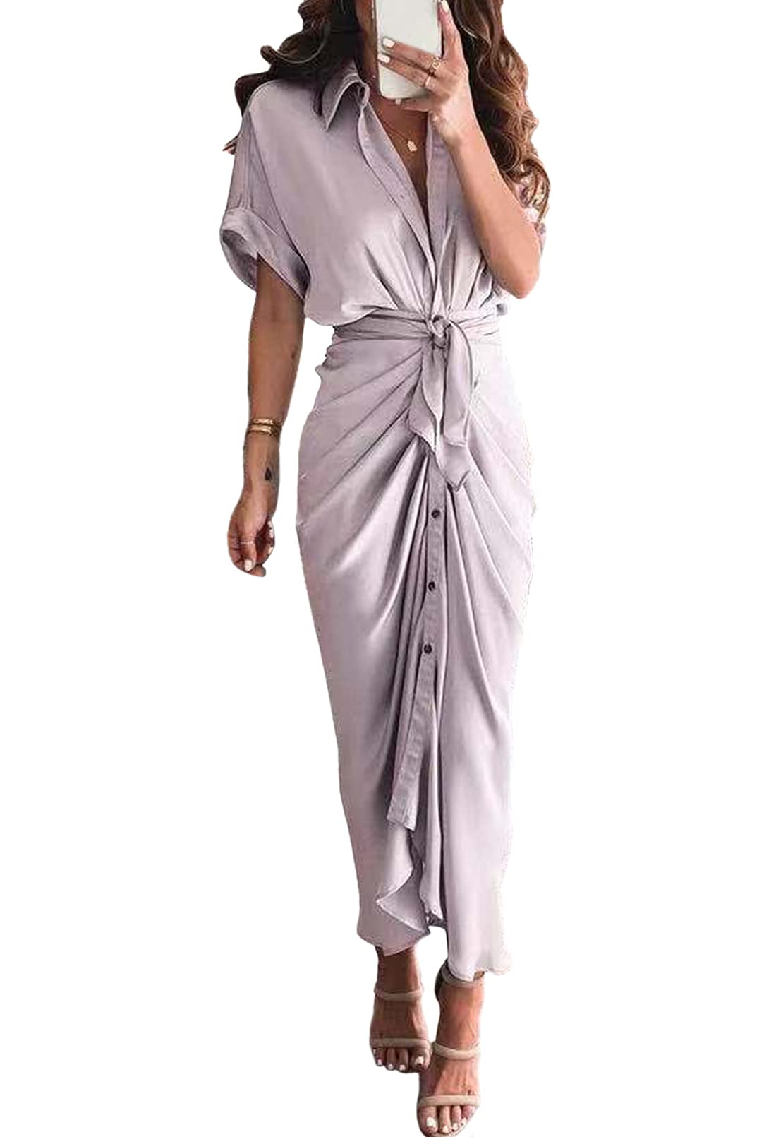 Sexy Satin Shirt Dress for Women - Button Down Short Sleeve Maxi Dress with Belt | Elegant Office Wear & Night Out Party Dress