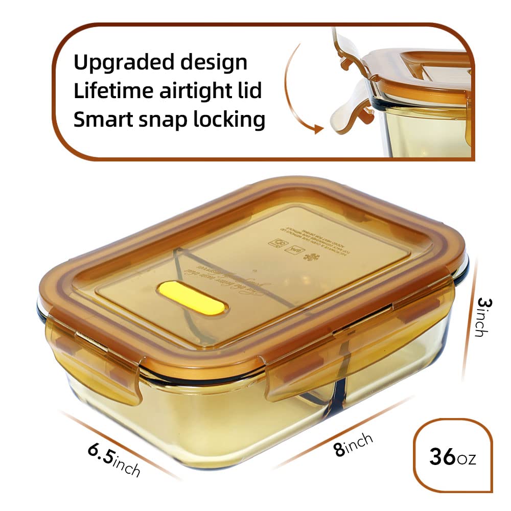 DAS TRUST 3-Pack Glass Food Storage Containers with Lids - 2 Compartment Bento Box for Meal Prep, Lunch & Leftovers | Reusable, Leakproof & Microwave Safe | Perfect for Office, School & Picnics