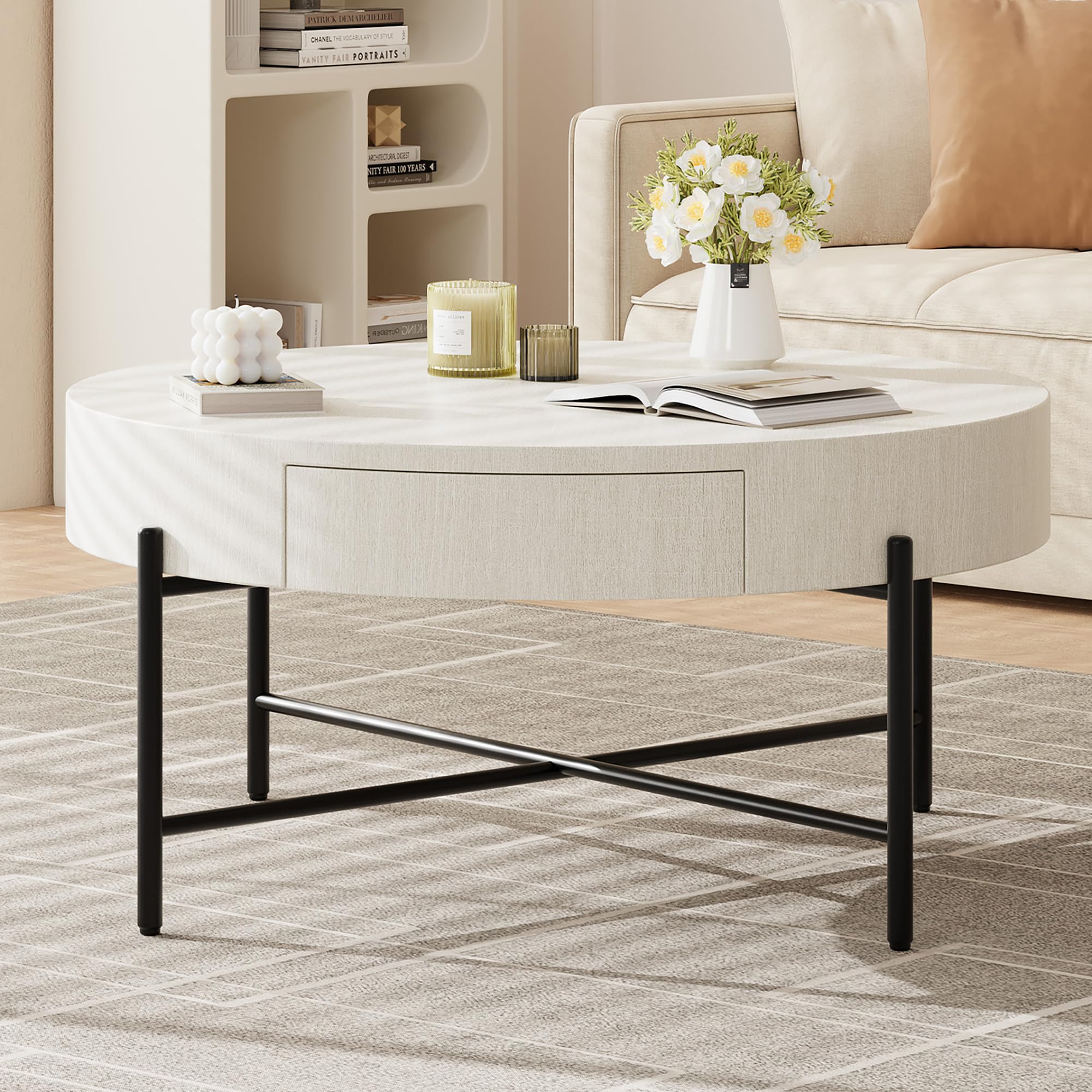 Farmhouse Round Coffee Table with Drawers - Natural Wood Accent Center Table with Storage for Living Room | Rustic Home Decor, Cozy Living Space Essential