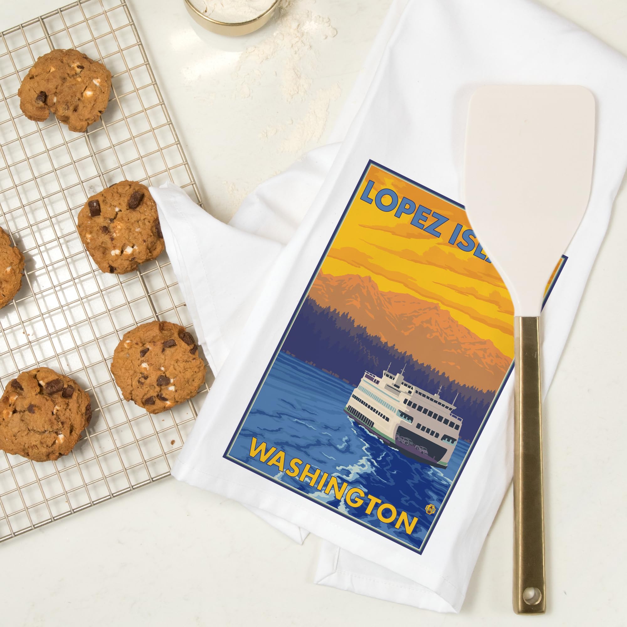 Lantern Press Ferry and Mountains Lopez Island Washington - 100% Cotton Tea Towel | Decorative Hand Towel for Kitchen & Home Decor | Perfect for Dish Drying, Gift Giving & Farmhouse Style Kitchens