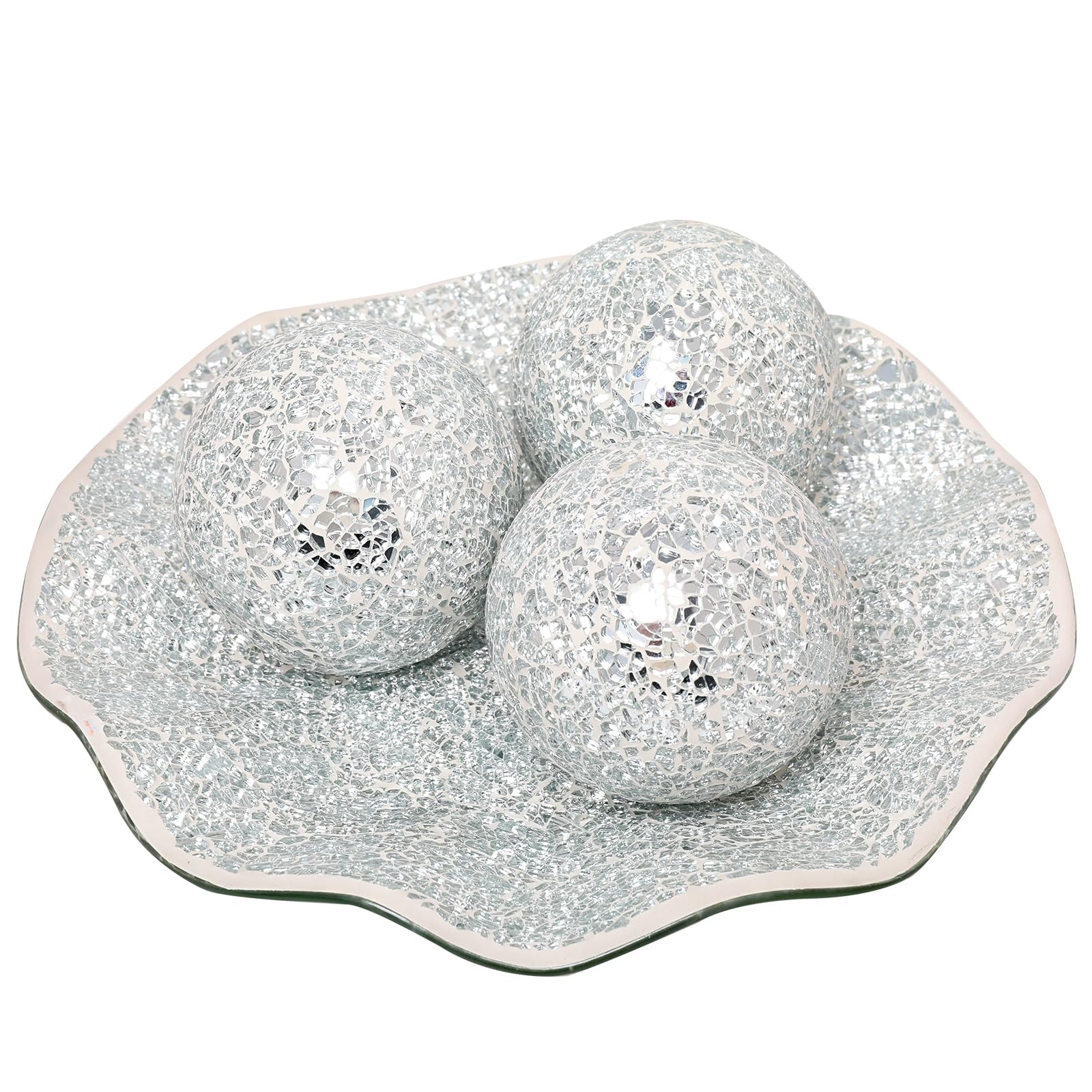VCUTEKA 4 Inch Decorative Mosaic Glass Balls with Silver Bowl - Elegant Home Decor Centerpiece for Coffee Table, Wedding Party, Holiday Display | Perfect for Living Room, Dining Table, and Event Decorations