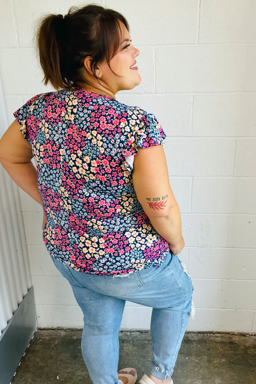 Navy Blue Floral Print Short Sleeve Blouse with Frilled Yoke - Women's Casual Summer Tops for Beach, Vacation & Date Night Outfits