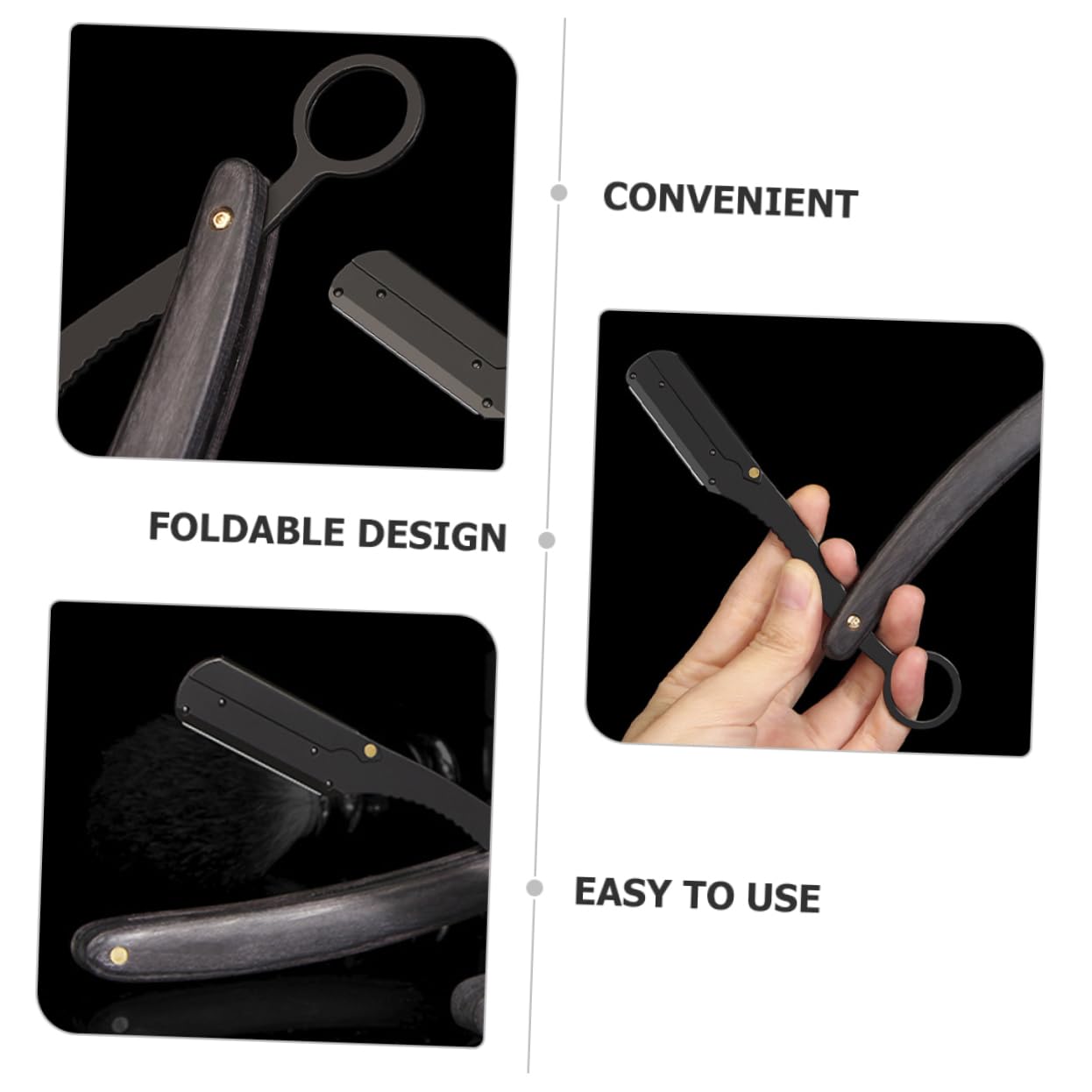 IPetBoom Folding Knife Holder - Professional Barber Tool for Hairdressing, Shaver Razor, Trimmer Head & Foil Razor Blades - Durable Black Wood Design for Men's Grooming & Bald Head Shaving