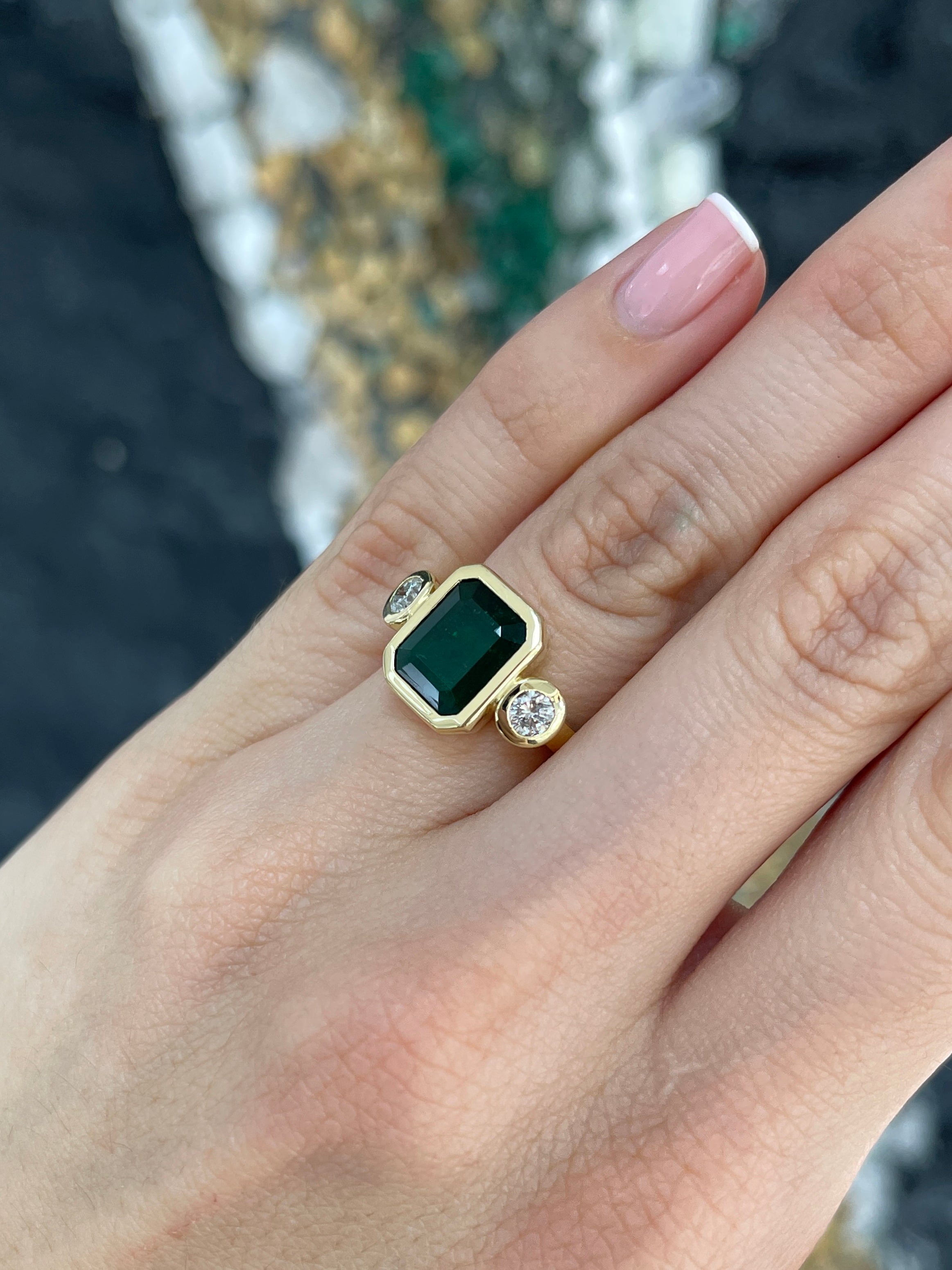 4.58tcw Natural Dark Emerald & Round Diamond Three Stone Ring in 18K Gold - Elegant Engagement, Anniversary or Gift Jewelry for Women