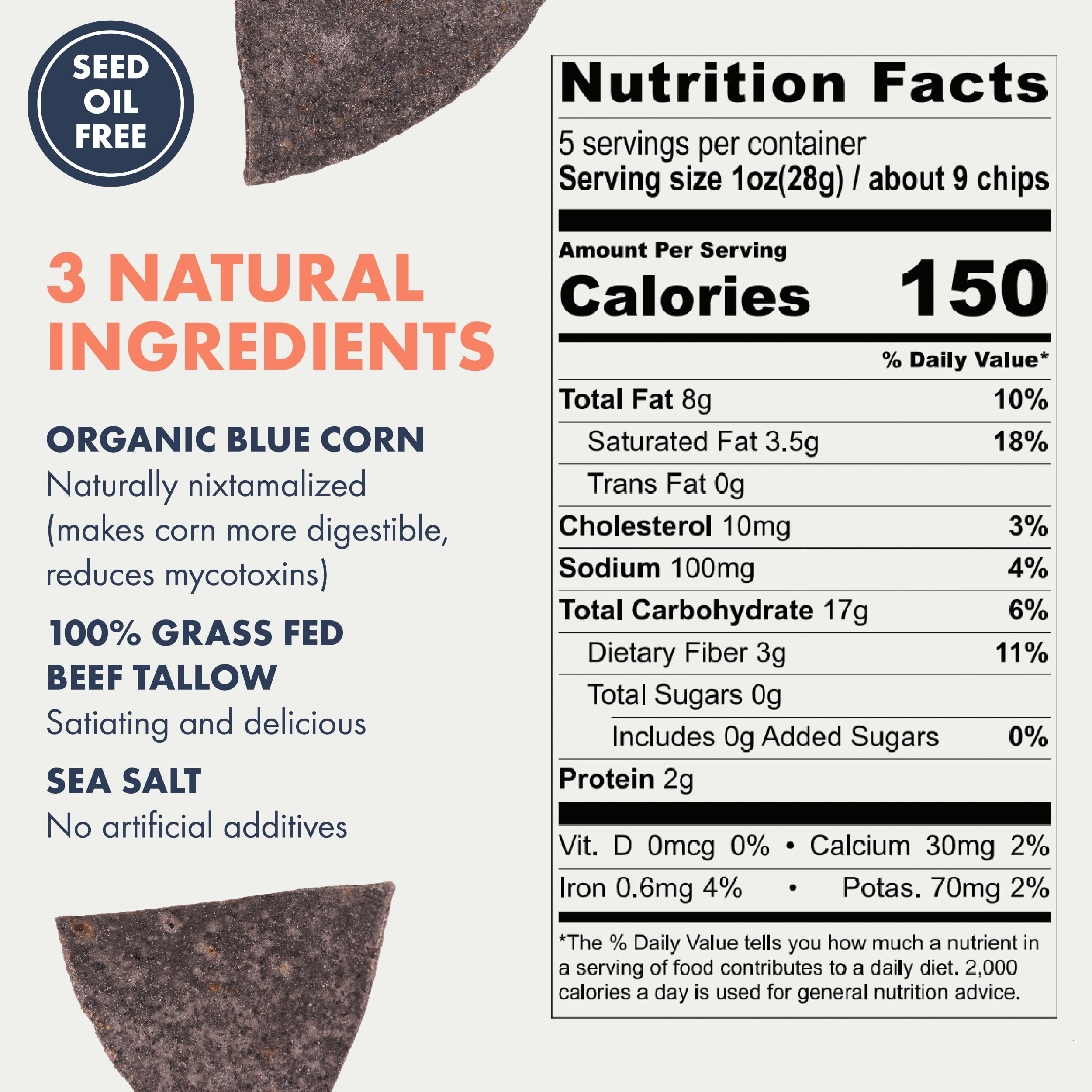 Organic Blue Corn Tortilla Chips with Grass-Fed Tallow & Sea Salt - Non-GMO, Seed-Oil Free Snack - 2 Pack (5oz Each) - Perfect for Keto, Paleo Diets & Healthy Party Snacking