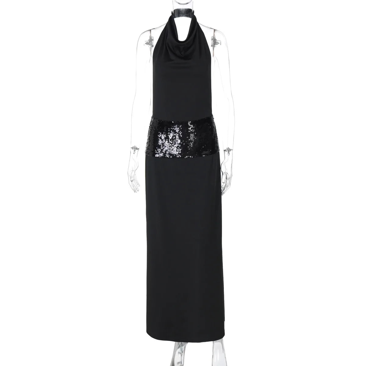 Black Halter Backless Sexy Maxi Dress for Women - Elegant Glitter High Waist O-Neck Sleeveless Long Gown | Perfect for Evening Parties, Prom, Date Night & Special Occasions