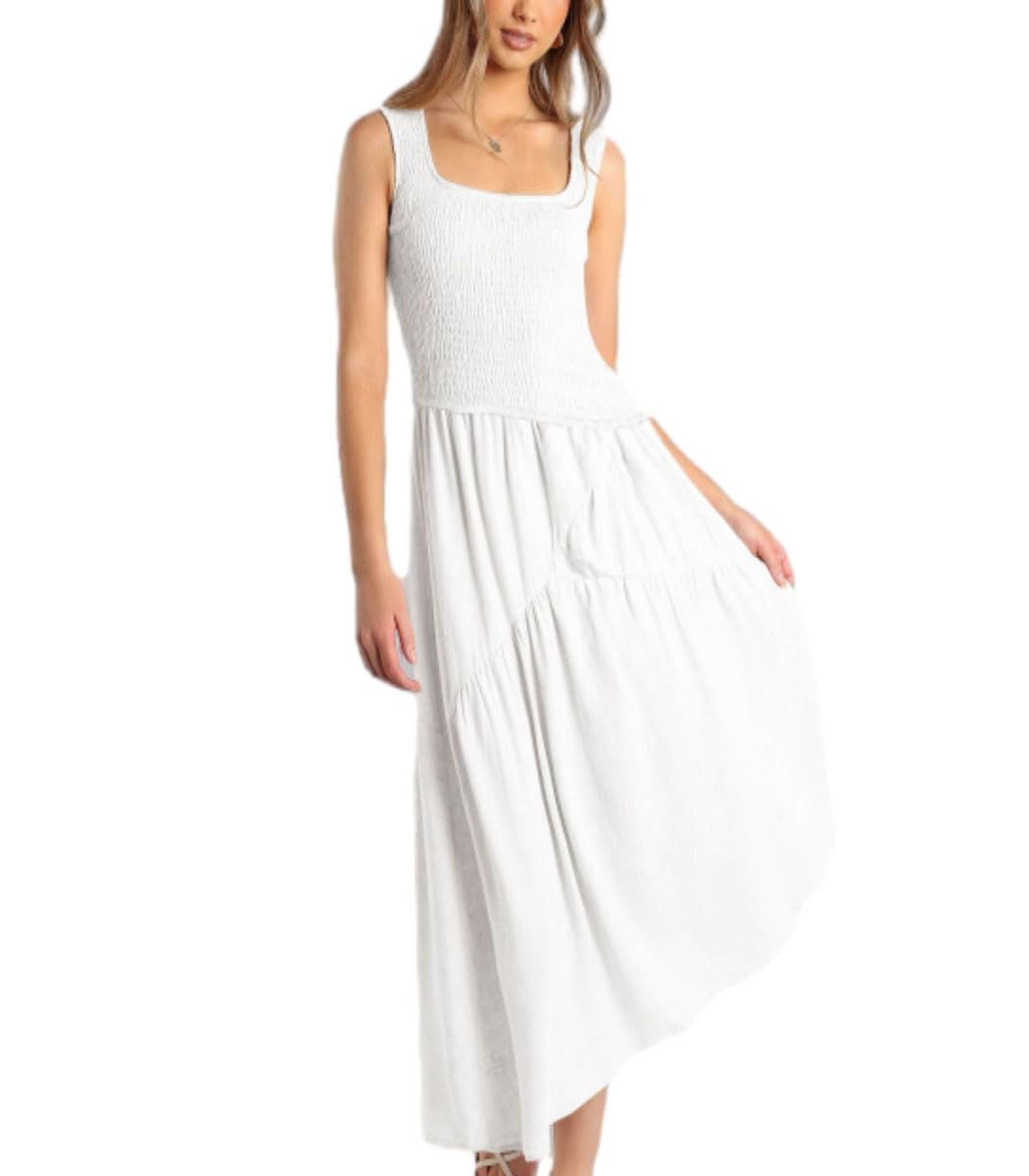 Women's Square Neck Sleeveless Backless Tie-Up Summer Dress - Casual Solid Tiered Skirt for Beach Vacation, Party & Holiday Wear