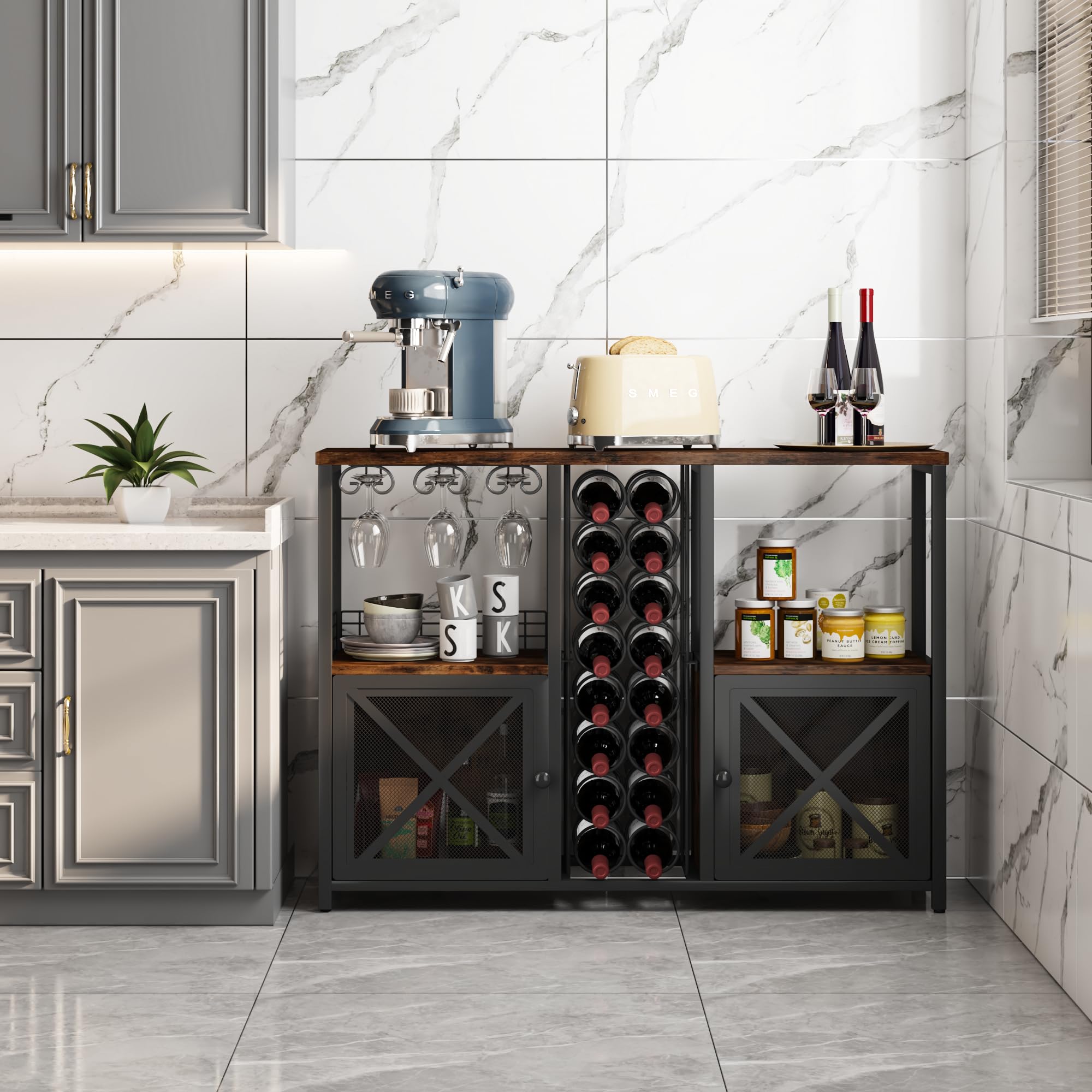 Modern Wooden Coffee Bar Cabinet - Homeiju Mini Bars for Liquor & Glasses Storage | Farmhouse Buffet Wine Bar with Sideboard | Perfect for Home Kitchen, Dining Room & Entertaining Guests