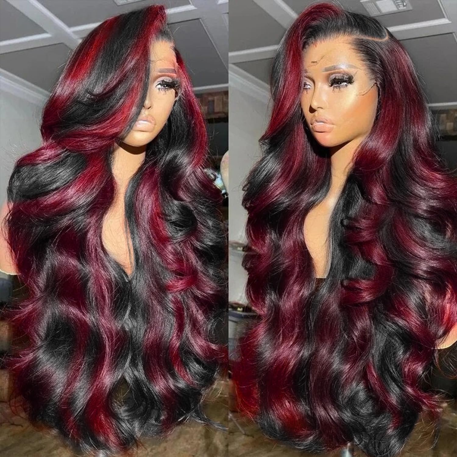 250% Density Burgundy Lace Front Wig - 13x6 HD Transparent Lace Brazilian Virgin Human Hair with Rose Red Highlights | Pre-Plucked Glueless Body Wave Wig for Women | Perfect for Cosplay, Daily Wear & Special Occasions