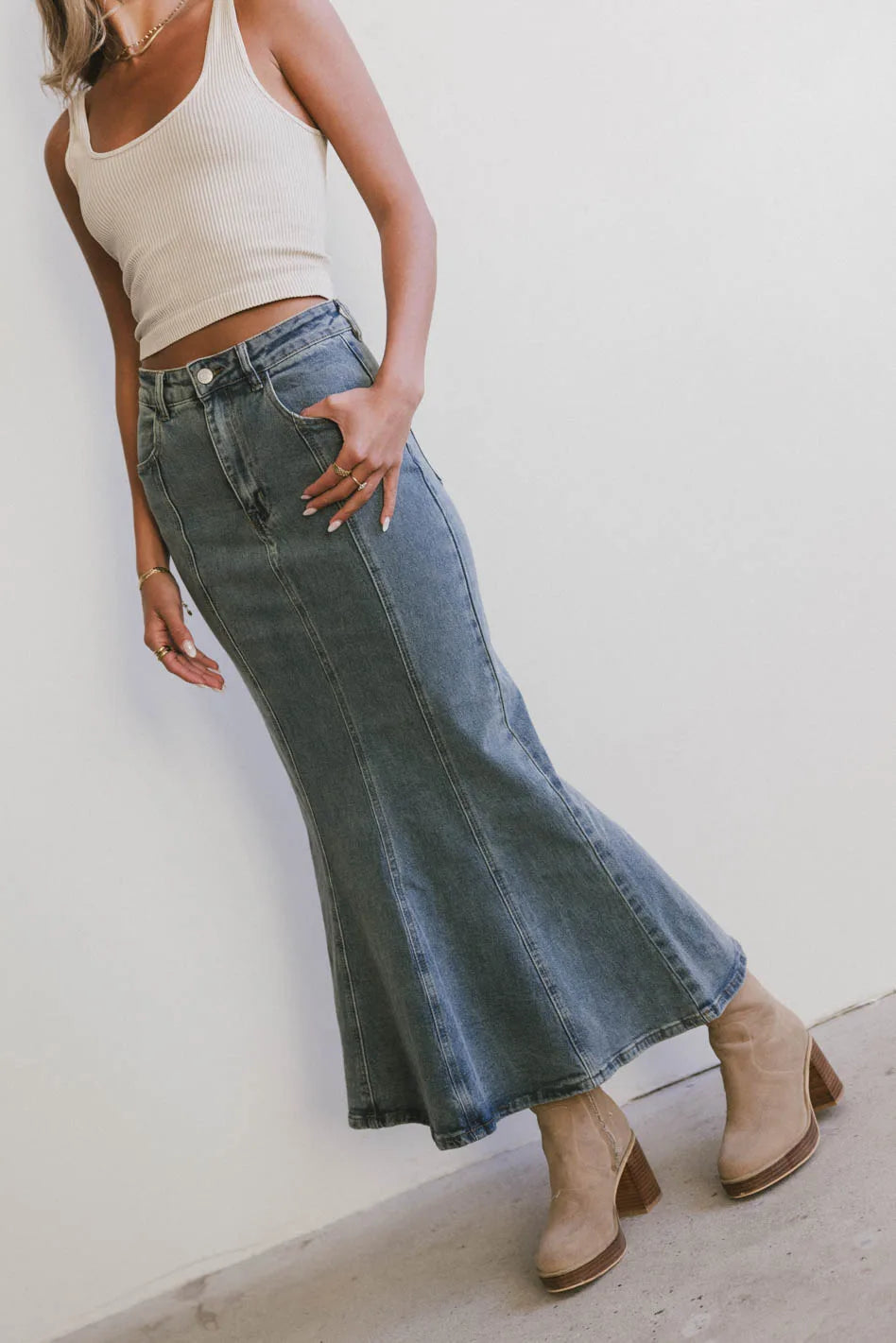 Azzy Denim Mermaid Skirt for Women - High Waisted Stretchy Bodycon Maxi Skirt - Vintage Blue Denim Fashion (Final Sale) | Perfect for Parties, Date Nights & Summer Outfits