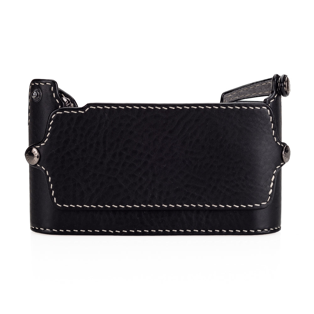 Arte di Mano M10 Half Case for Leica M10 Camera - Handgrip with Back Flap | Minerva Black with White Stitching & Gray Suede Interior | Premium Leather Protection for Photography Enthusiasts