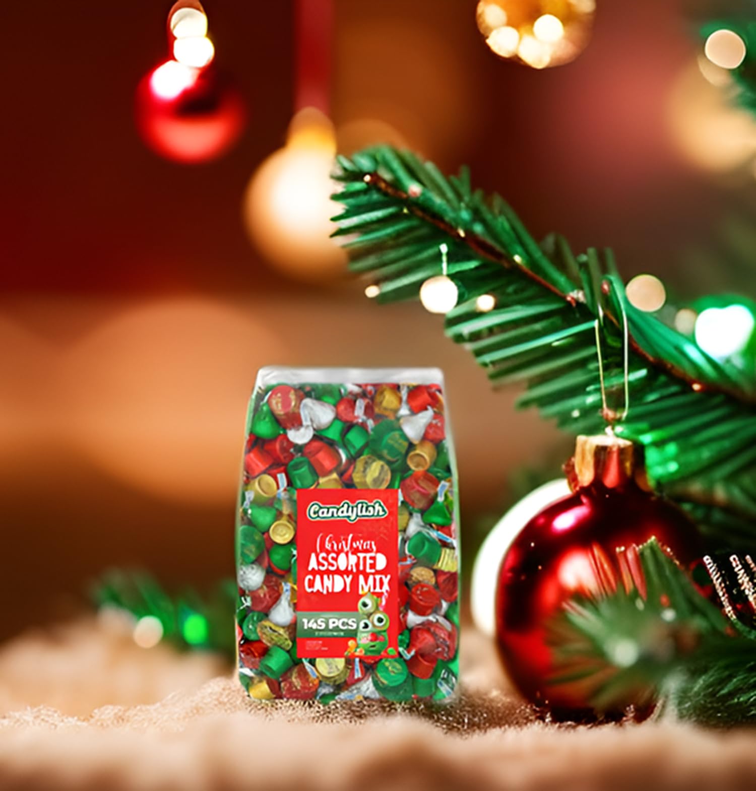 Christmas Holiday Candy Mix - 2LB Festive Assortment of Individually Wrapped Milk Chocolate Kisses, Caramel Rolos & Mini Peanut Butter Cups (Approx 145 Pieces) - Perfect for Holiday Parties, Stocking Stuffers & Gift Baskets