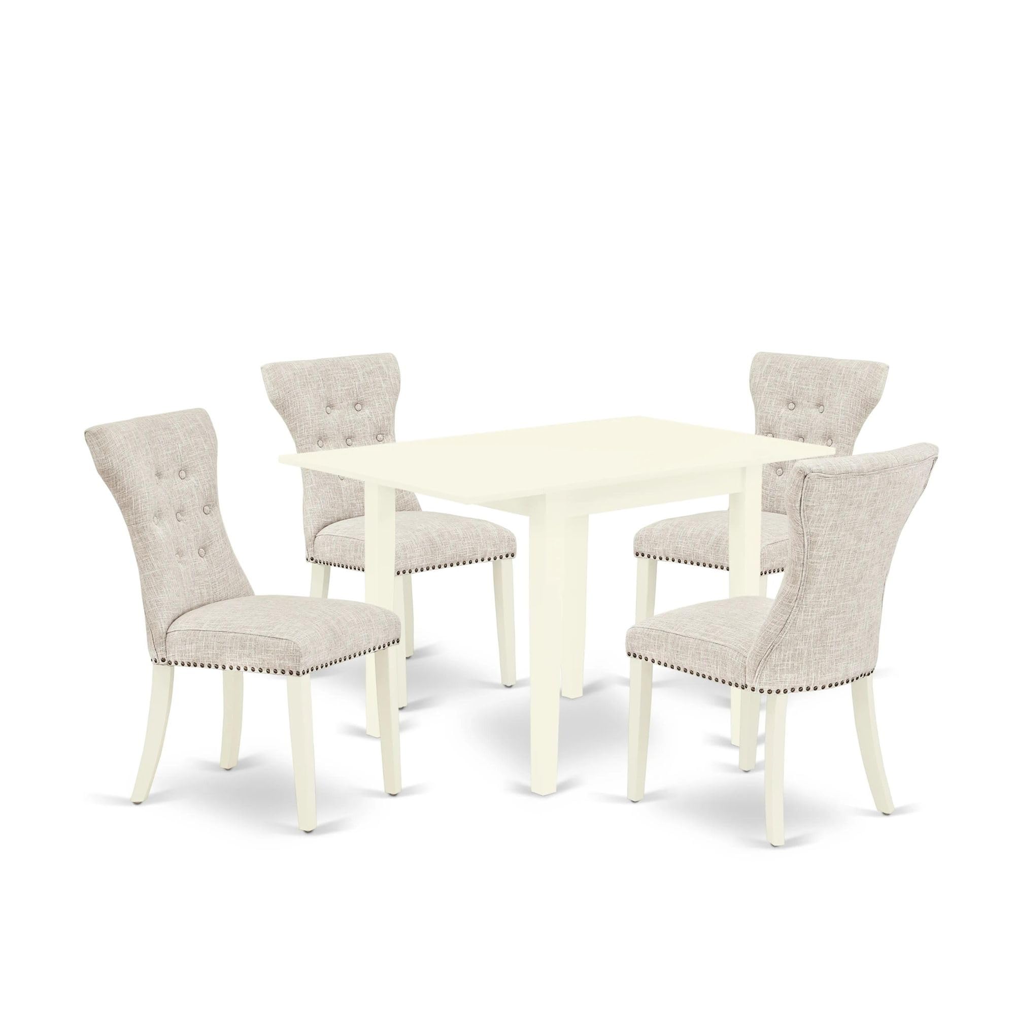 East West Furniture 5-Piece Dining Set with Drop-Leaf Table & 4 Fabric Chairs, 30x48 Inch, Linen White – Perfect for Small Kitchens, Breakfast Nooks & Cozy Dining Spaces