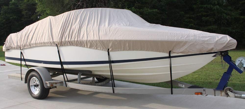 VORTEX HEAVY DUTY VHULL FISH SKI RUNABOUT BOAT COVER - FITS 17 18 19 FOOT BOATS - PREMIUM BEIGE/TAN WATERPROOF PROTECTION - IDEAL FOR FISHING, SKIING & BOAT STORAGE