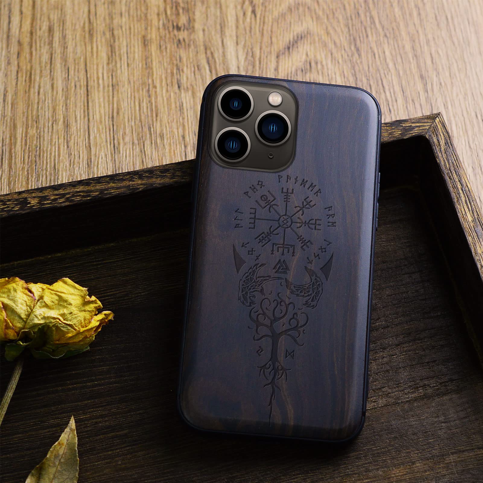 Carveit Real Wood iPhone 11 Pro Case - Hard Wood & Soft TPU Shockproof Protective Cover - Viking Compass Vegvisir Design (Blackwood) - Durable & Stylish Wooden Phone Cover for Everyday Use & Outdoor Activities
